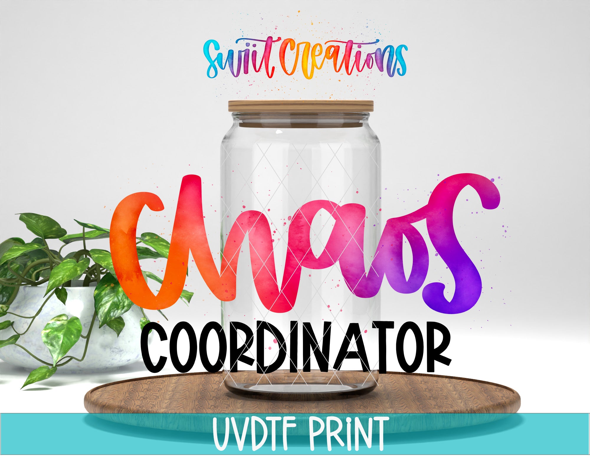 a glass jar with a wooden lid, surrounded by colorful text that reads " Chaos Coordinator" and "Swift Creations".