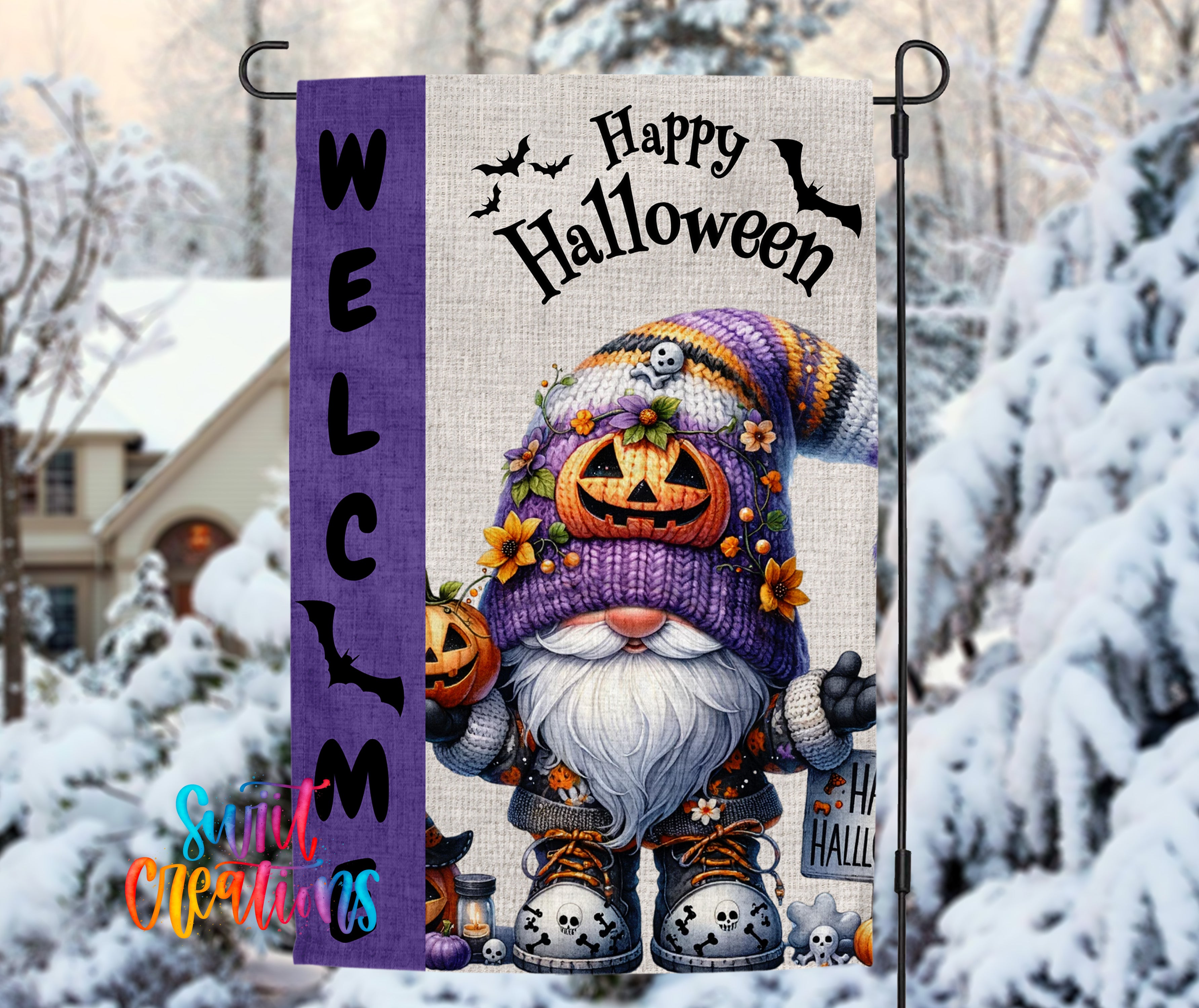 A Halloween-themed garden flag featuring a gnome character with a pumpkin hat and a "Happy Halloween" banner.