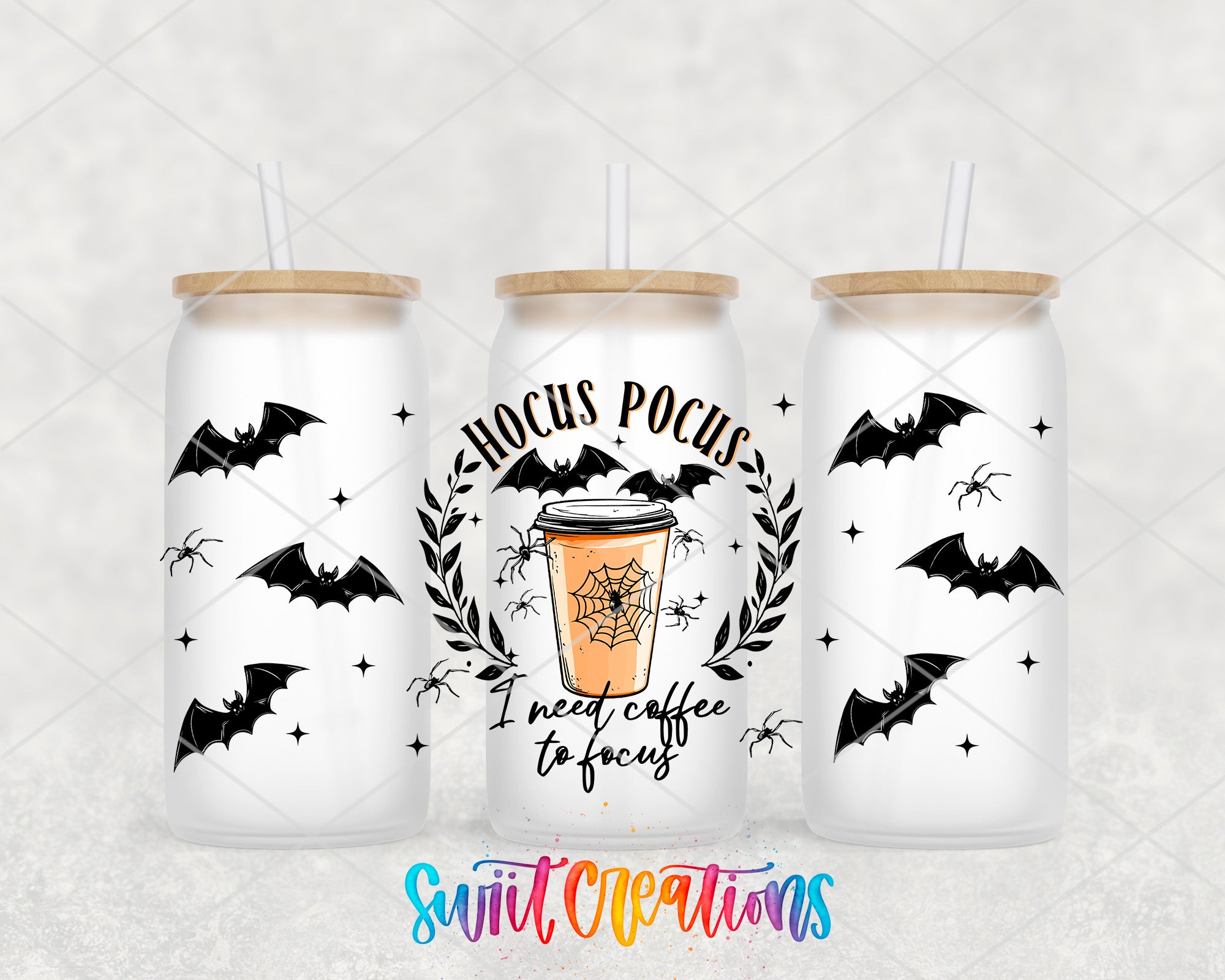 three white tumblers with black bat designs and a text design on the center tumbler that reads "Hocus Pocus I need coffee to focus".