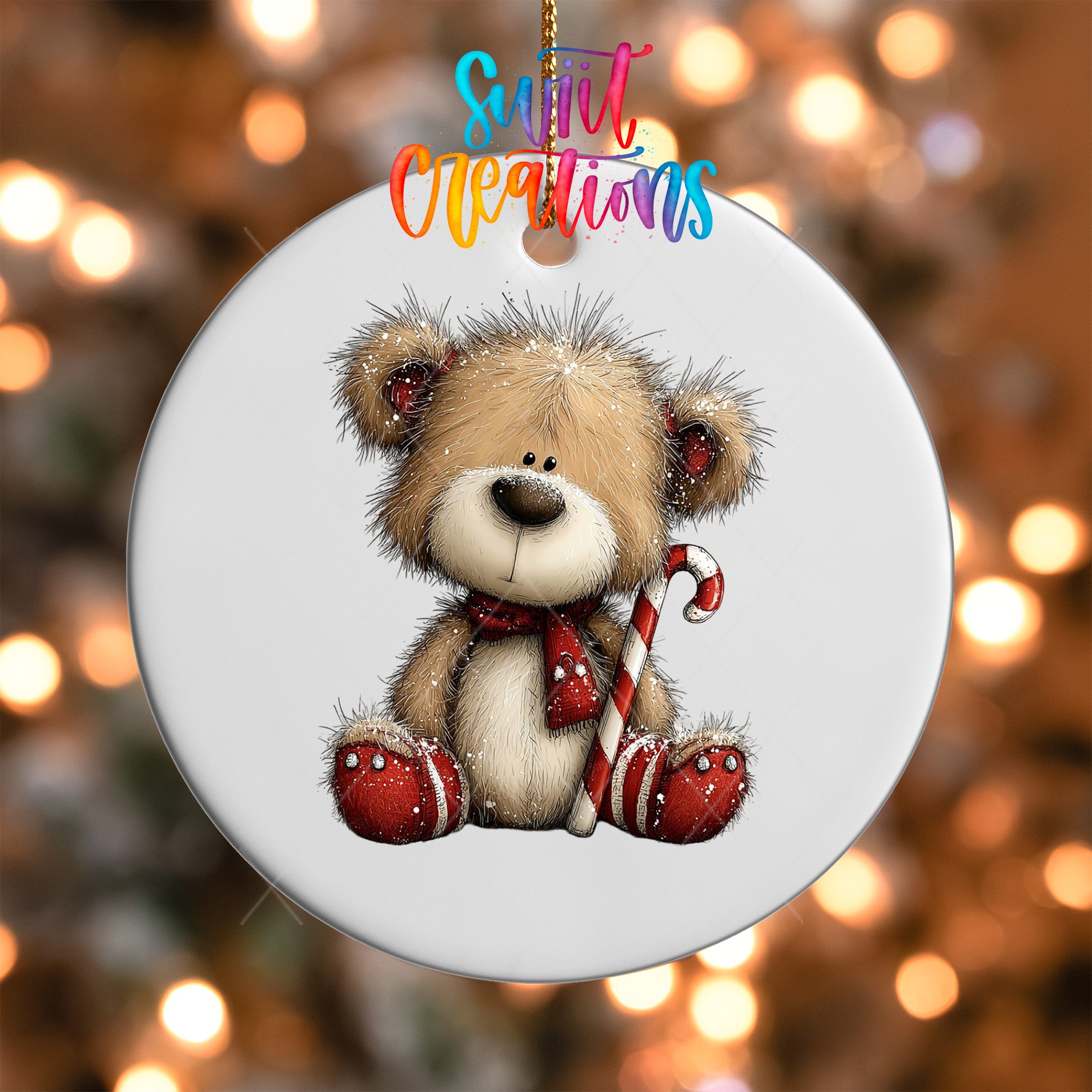 A white ornament featuring a teddy bear with a candy cane, set against a blurred background with colorful lights.