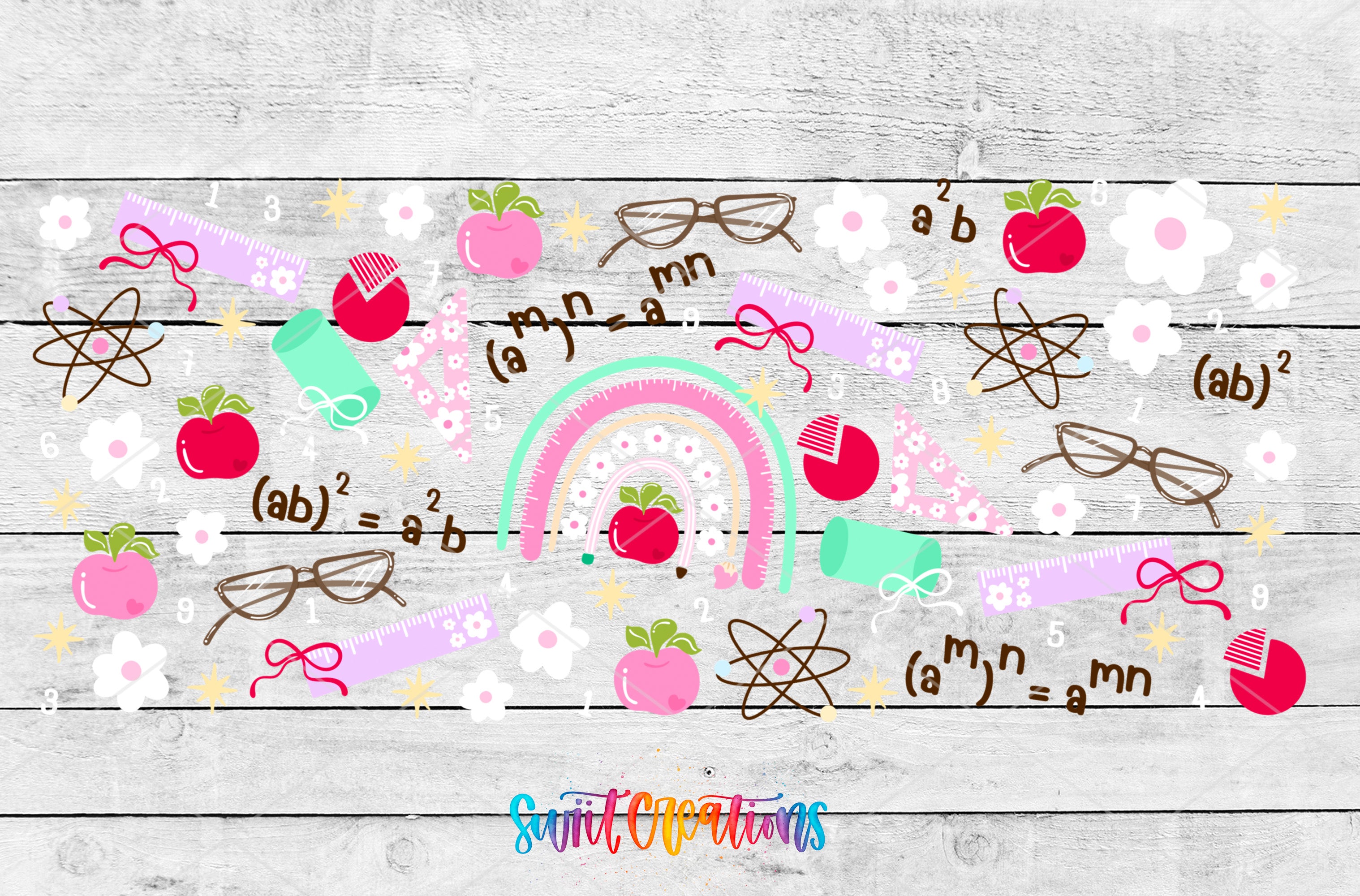 The image is a colorful and whimsical collage featuring various objects and symbols related to education and learning, such as apples, glasses, a rainbow, and mathematical equations.
