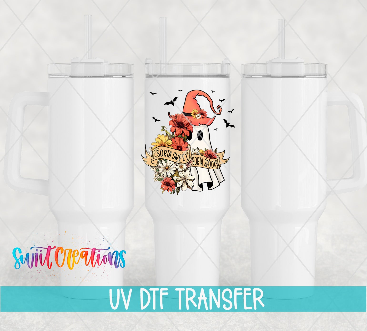 three white tumblers with a graphic design on them, including a ghost, flowers, and a banner with the text "SORRY SWEET SORRIGIN".