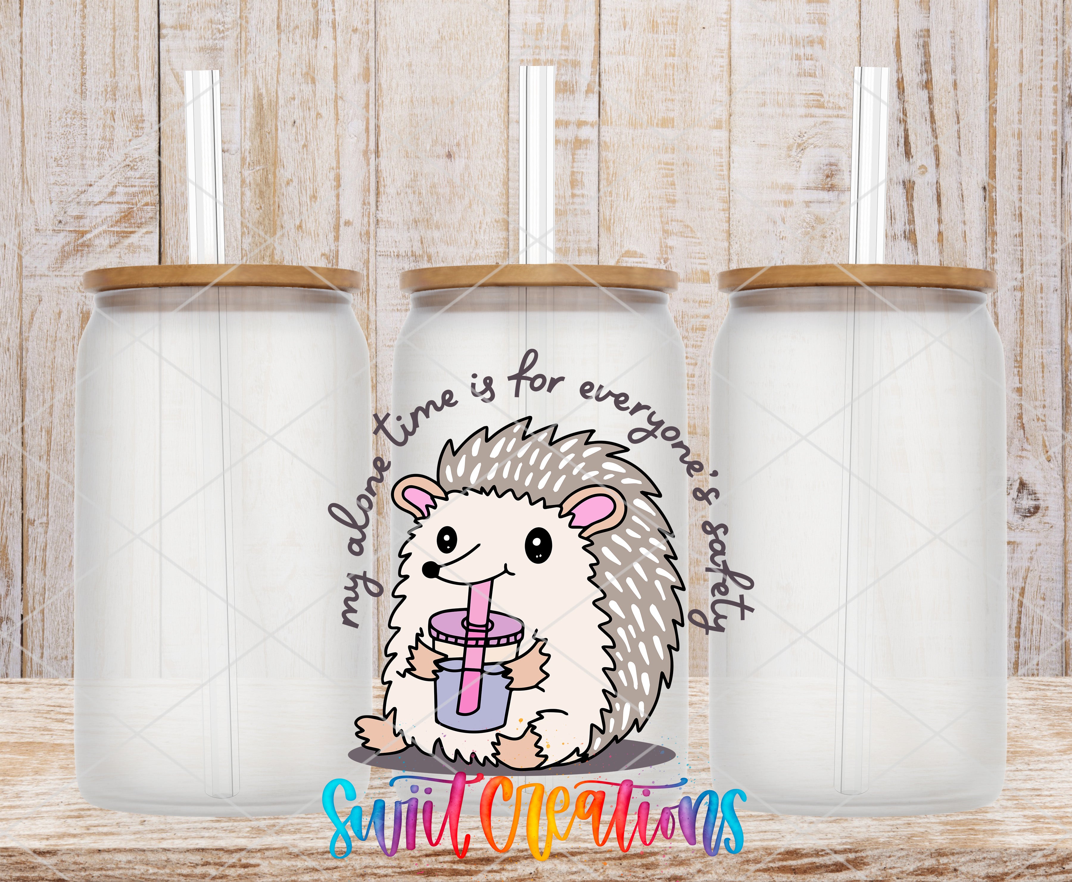 A cartoon hedgehog holding a straw and surrounded by three identical glass jars with straws, set against a wooden background.