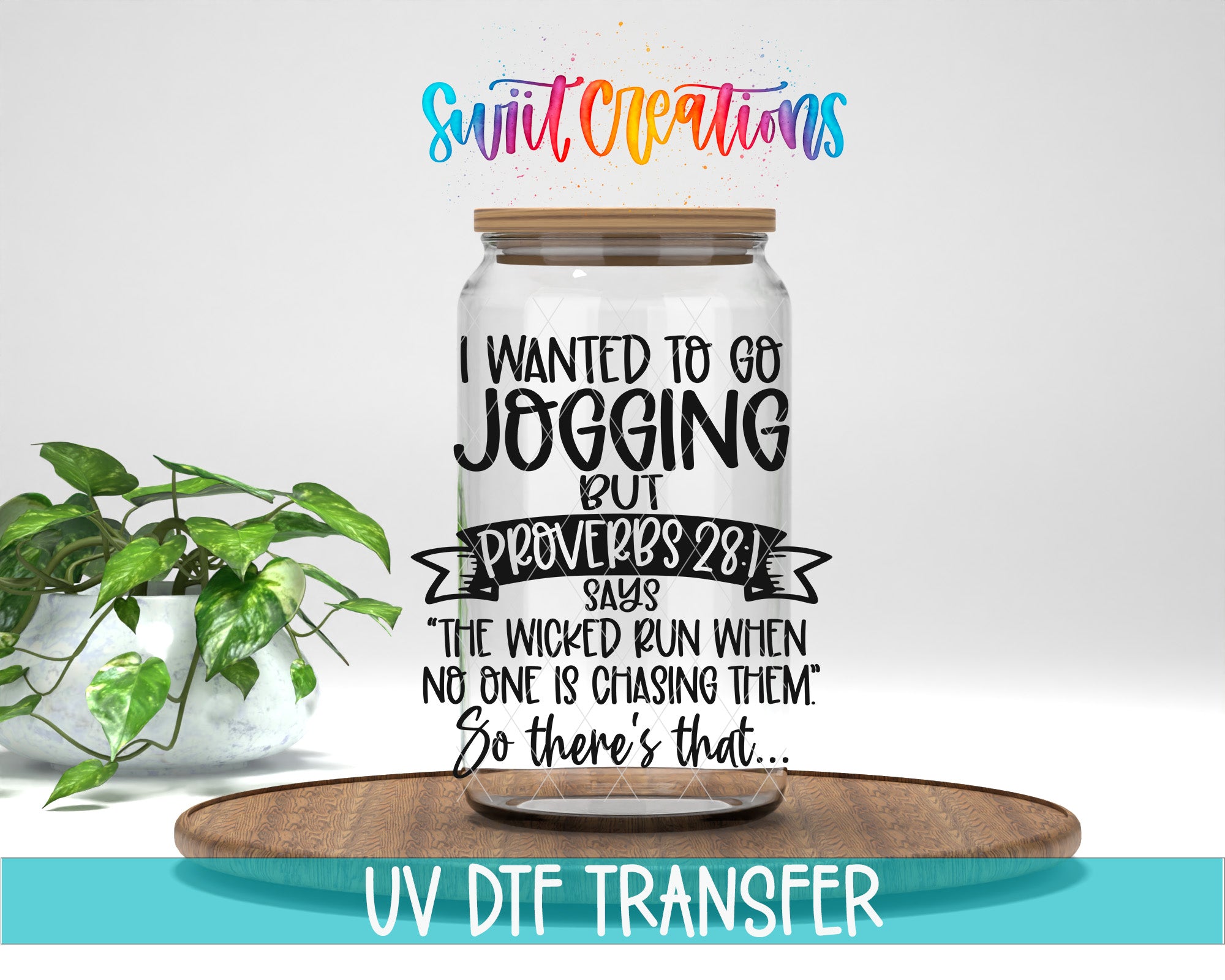 a glass jar with a wooden lid, placed on a wooden tray, with a potted plant in the background. The jar has text on it, and there is a rainbow-colored text overlay above it.