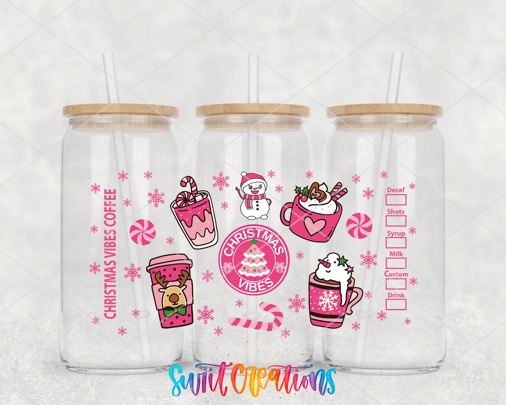 A set of three clear glass tumblers with wooden lids, each featuring a variety of Christmas-themed illustrations and text.