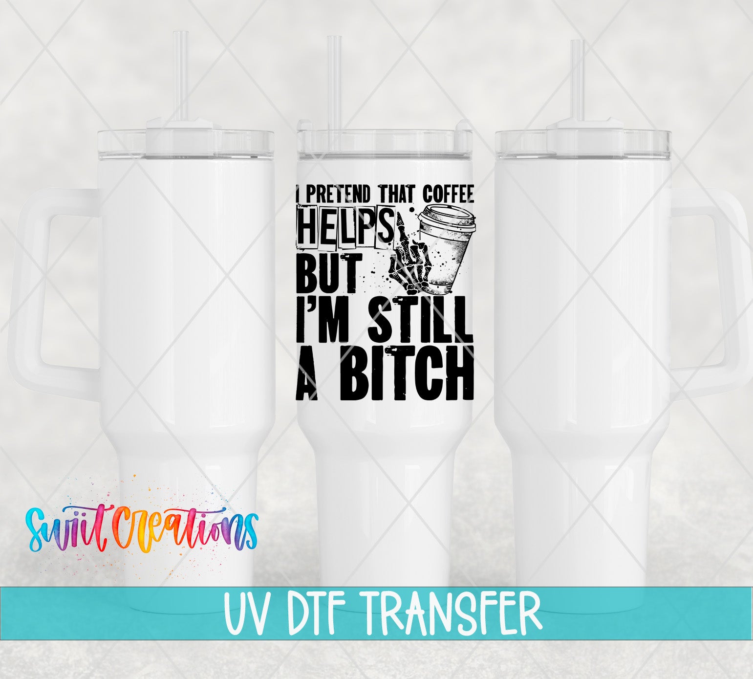 a white tumbler with a printed design on it, including text and an illustration of a coffee cup.