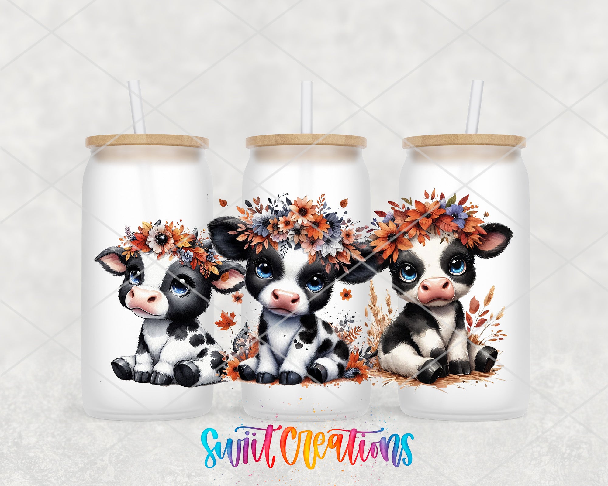 Three cartoon cow illustrations with flower crowns, each sitting on a white background.