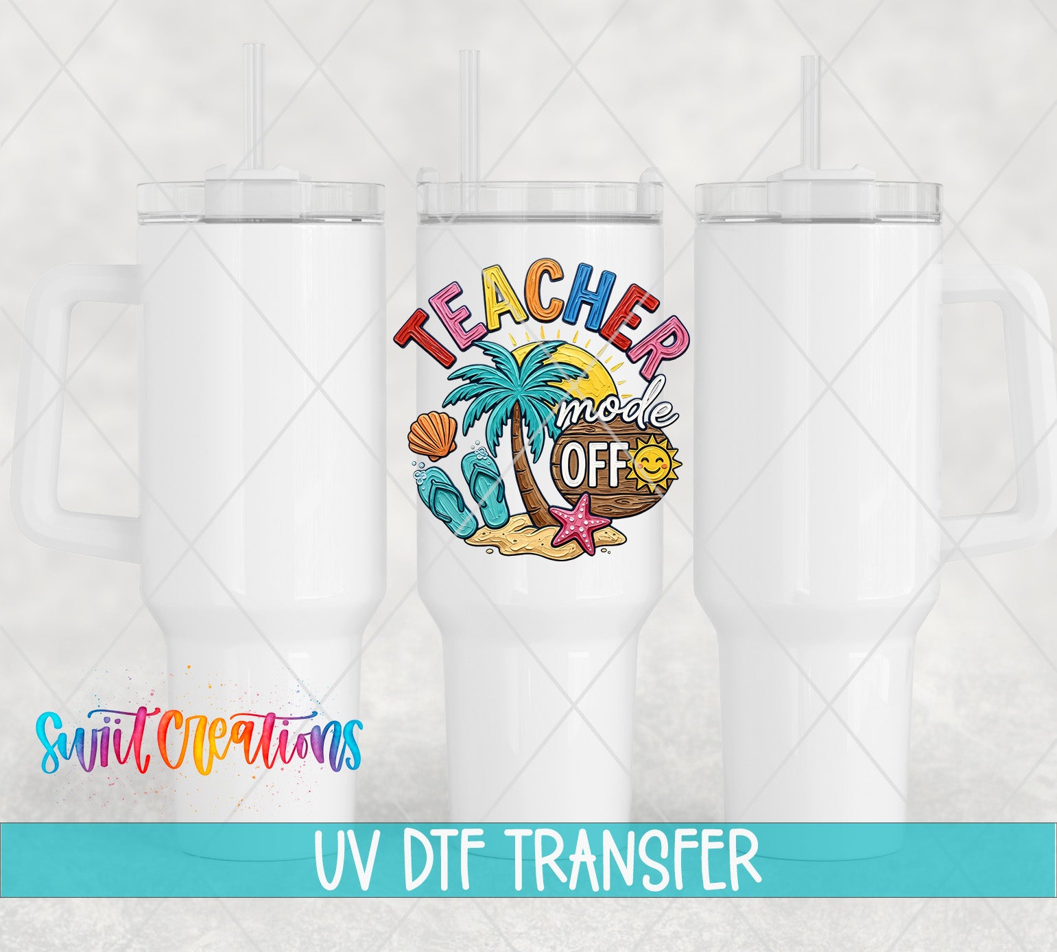 three white tumblers with a colorful graphic design on them, which appears to be a teacher mode off design. The text "Teacher mode off" is prominently displayed on the design.