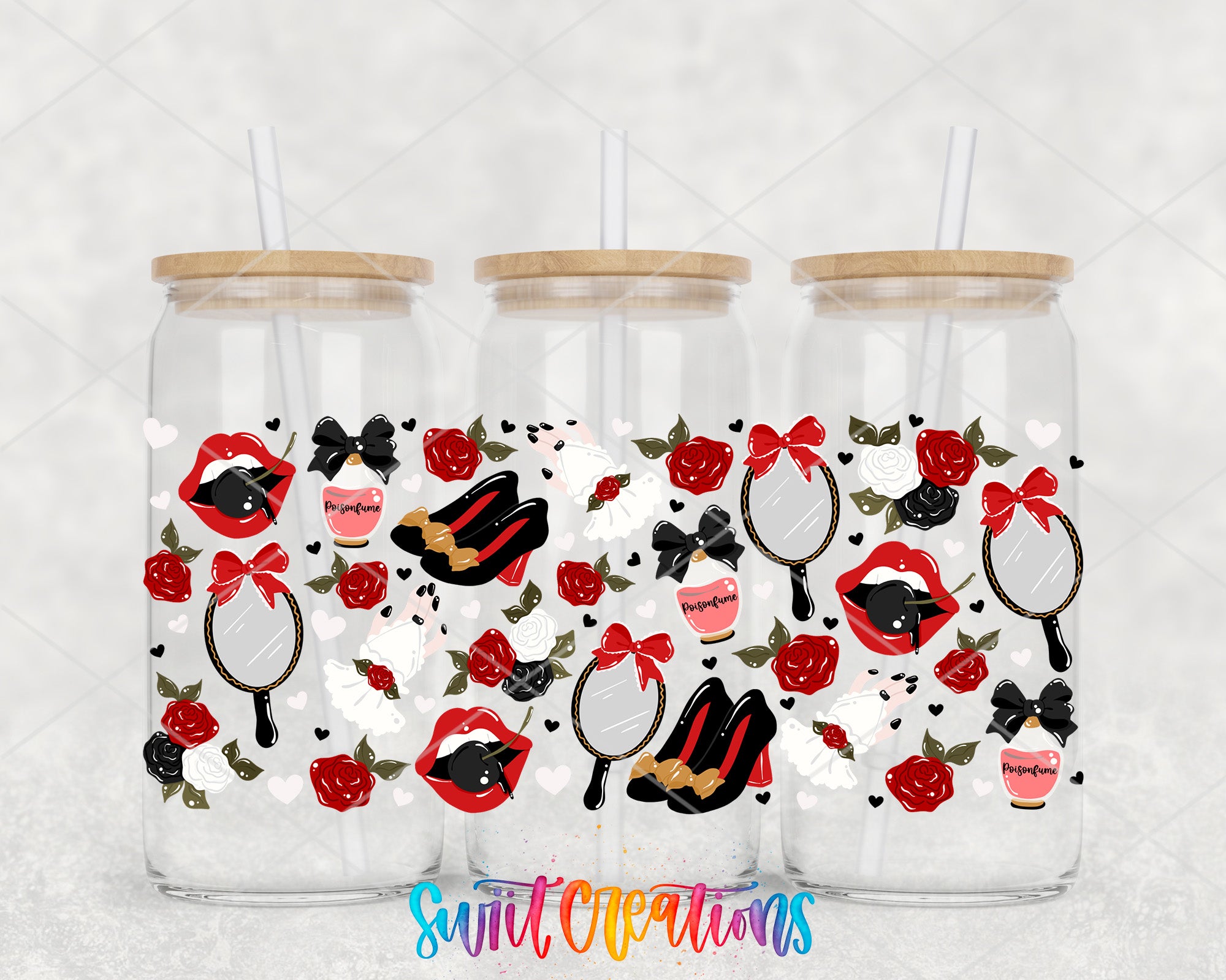 three glass jars with lids, each adorned with a variety of colorful and whimsical illustrations, including red roses, bows, and other decorative elements.