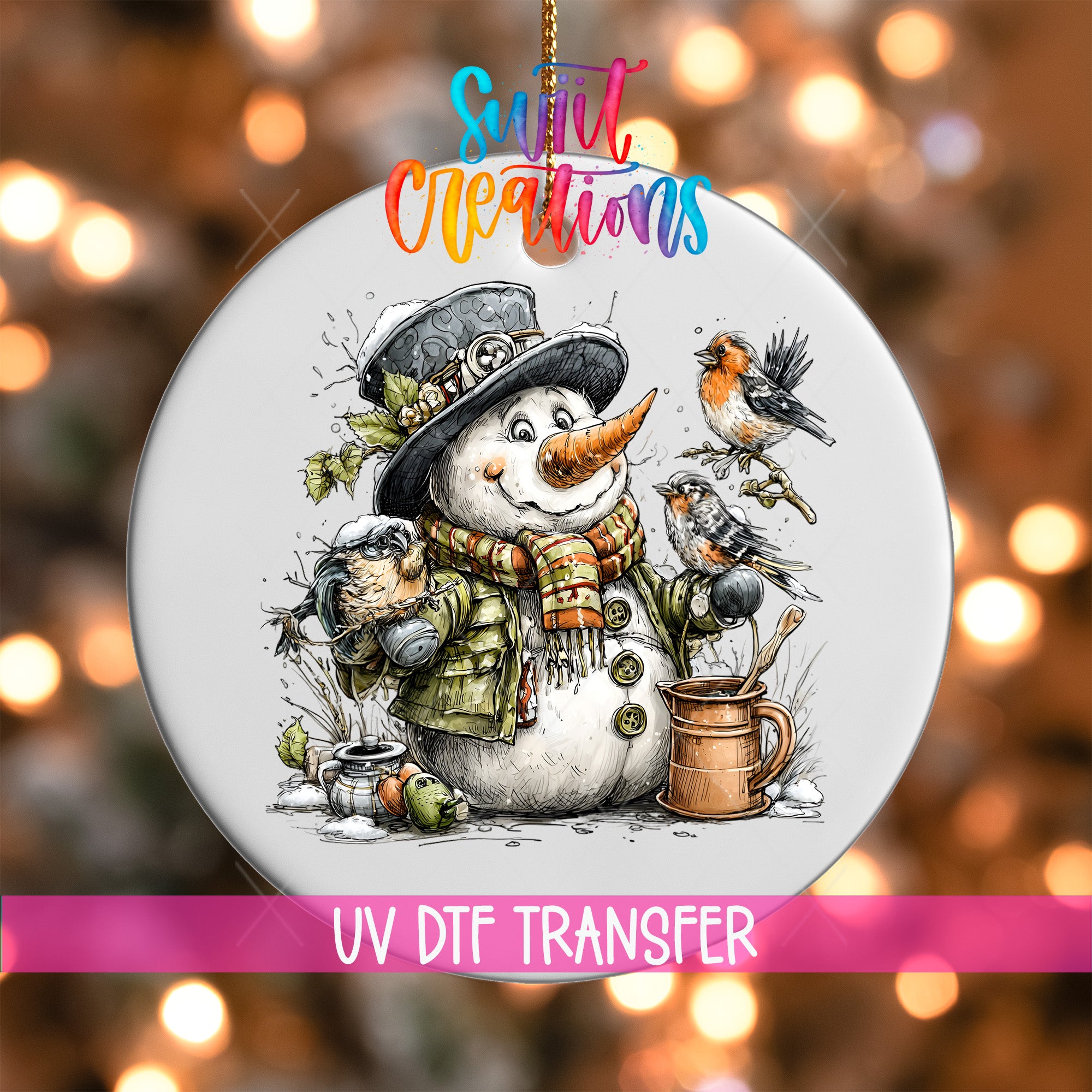 A snowman ornament with a bird perched on its shoulder, surrounded by various winter-themed elements such as a scarf, hat, and a mug.