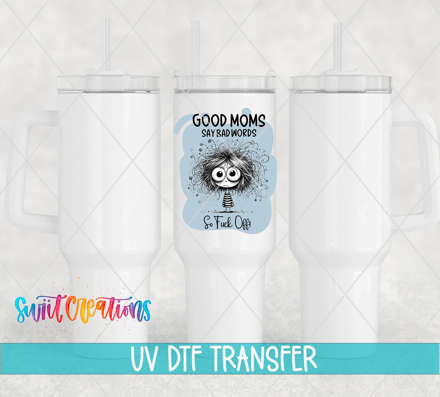 three white tumblers with a printed design on them, including a cartoon character and text.