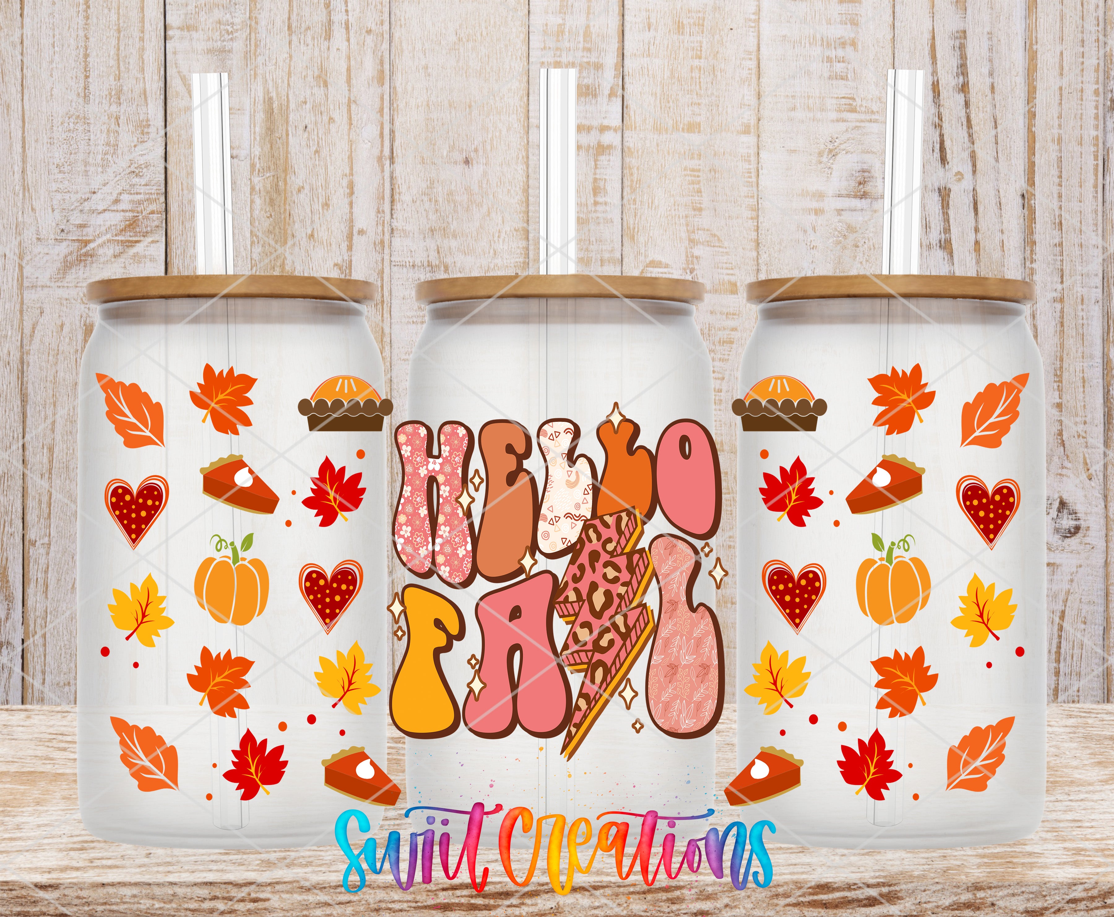 three glass tumblers with a fall-themed design, including leaves, pumpkins, and a pie. The text "Hello Fall" is displayed on the front of the tumblers, and the phrase "Sweet Creations" is written at the bottom.