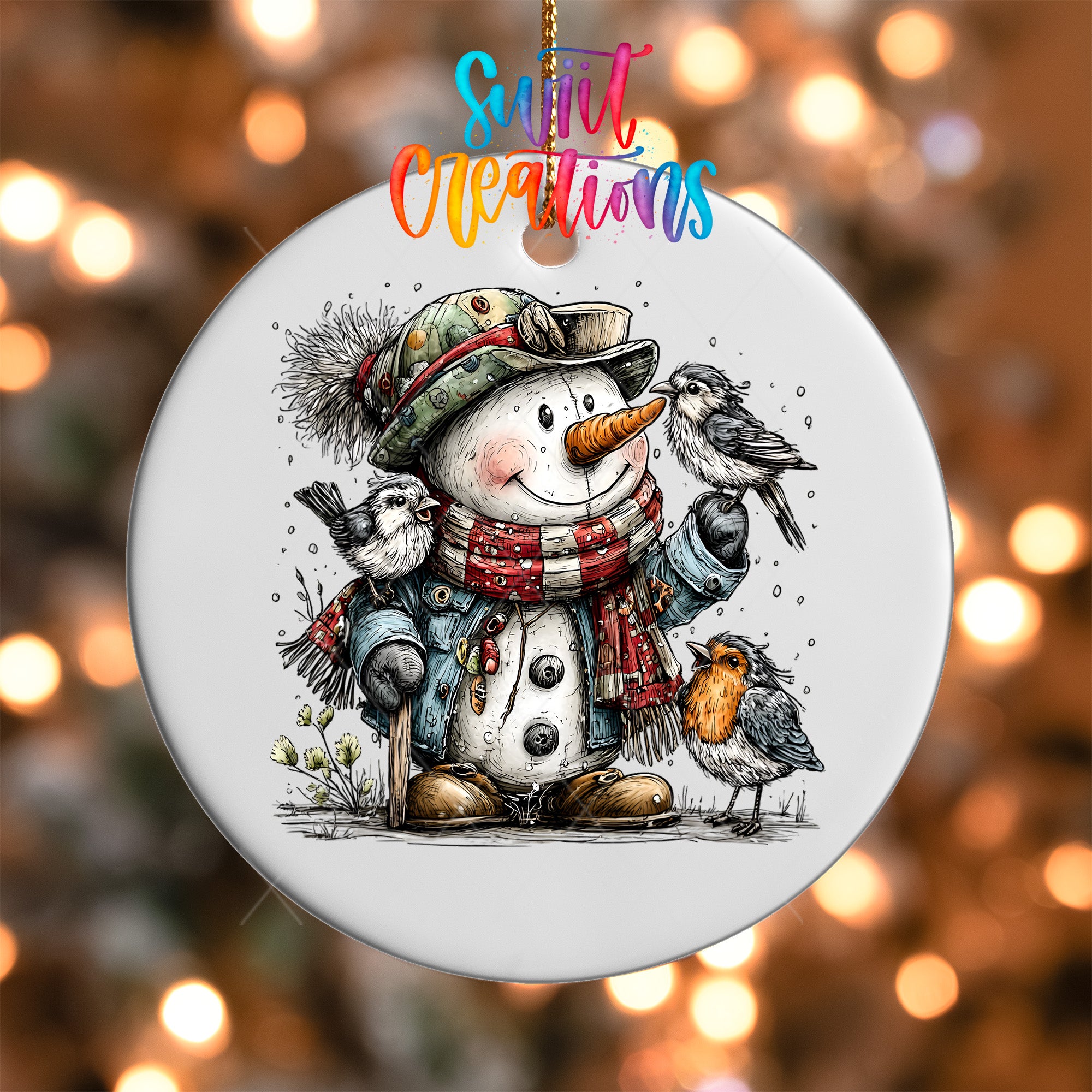 A snowman ornament with a bird perched on its arm, surrounded by snowflakes, against a blurred background of twinkling lights.