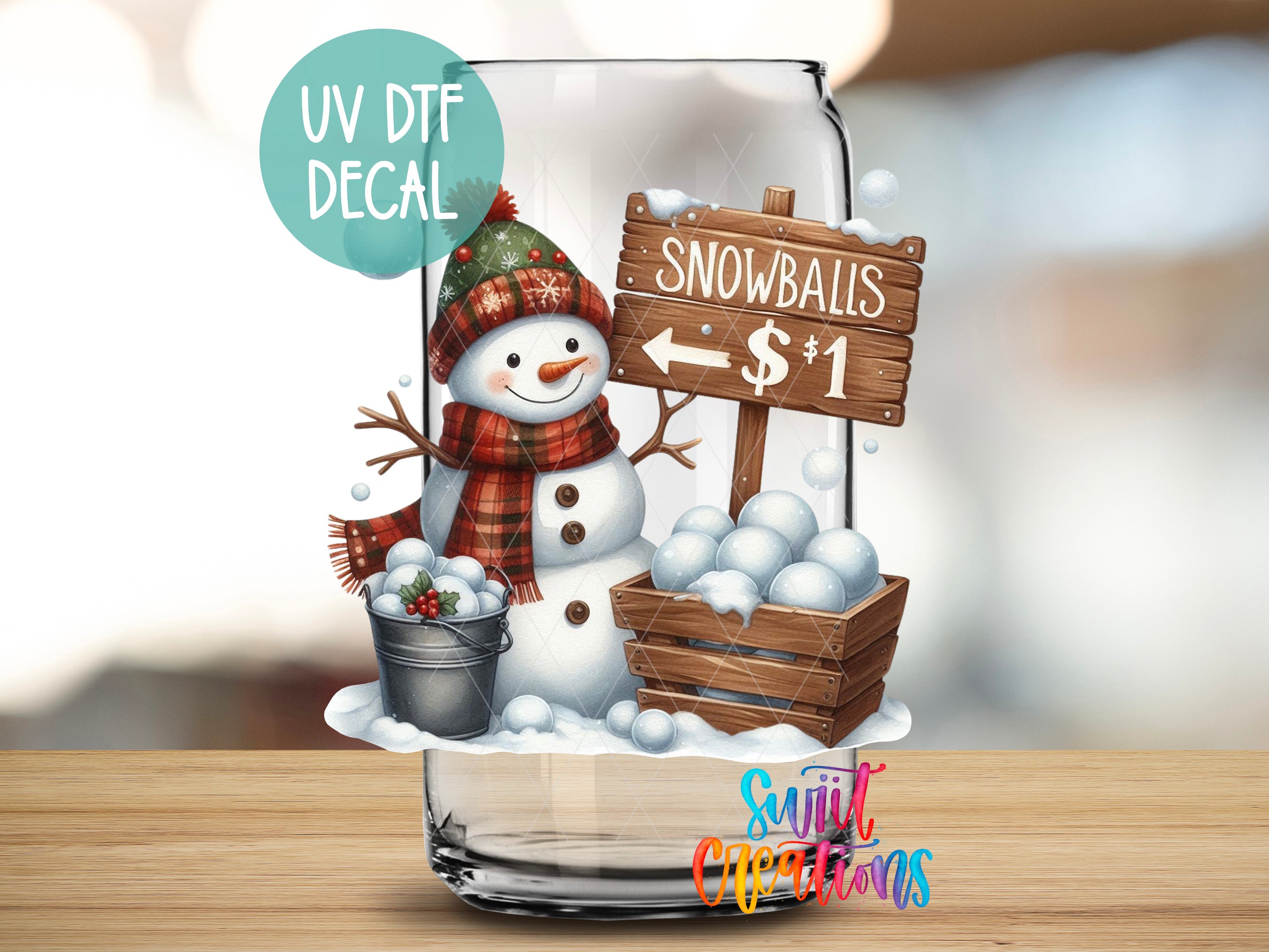 a snowman with a hat and scarf standing next to a sign