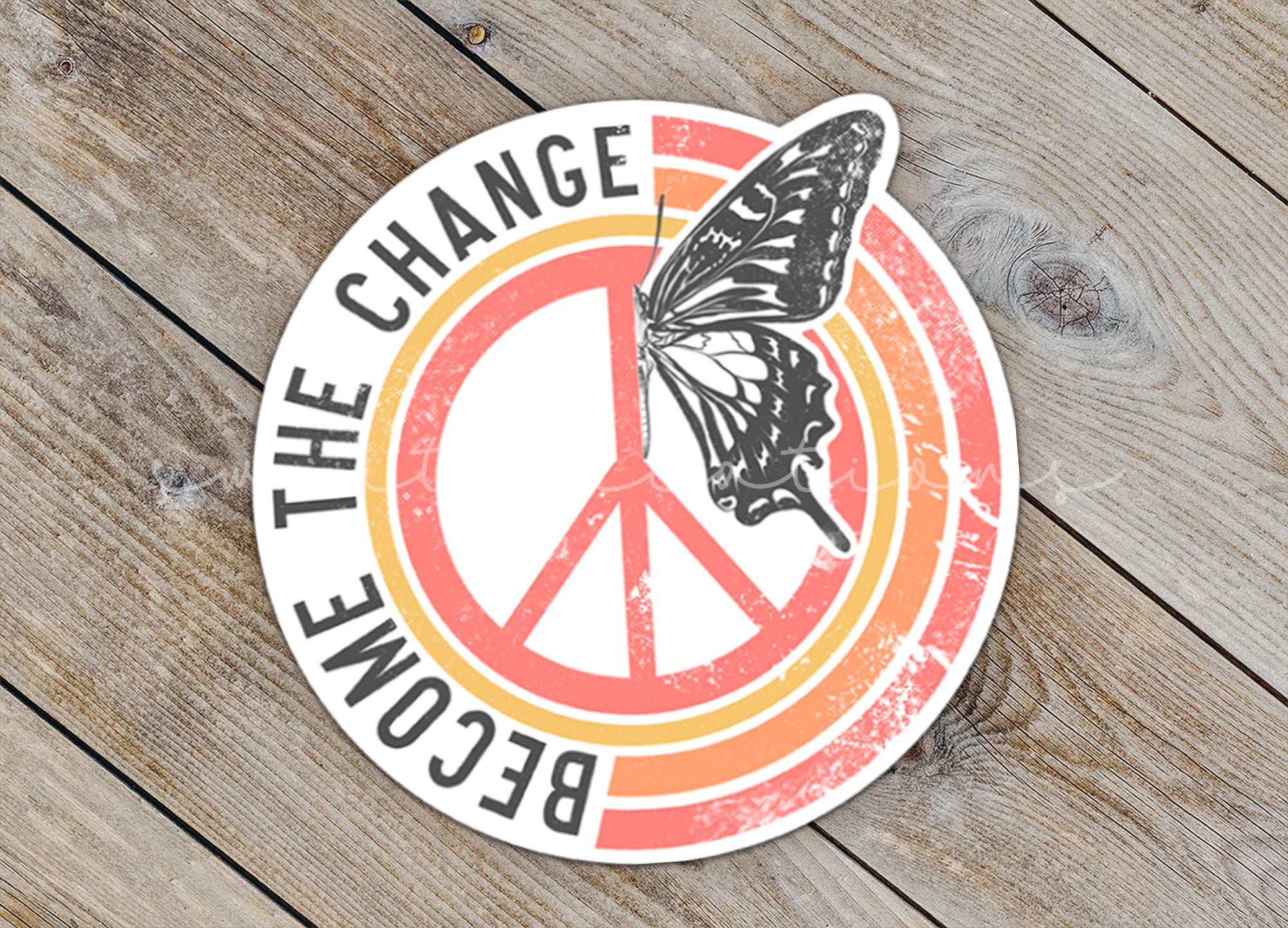 a sticker with a peace sign and a butterfly
