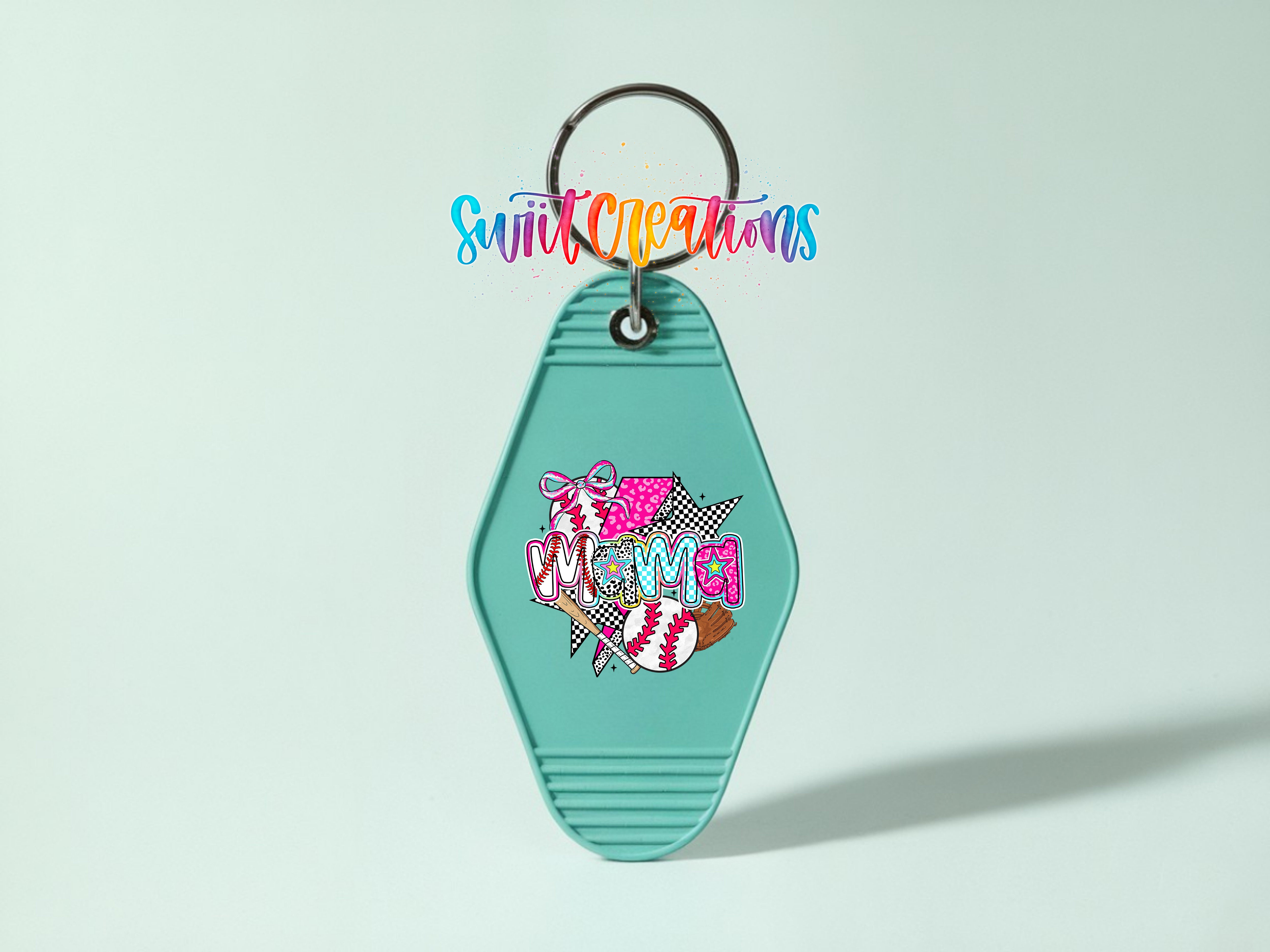 A turquoise keychain with a colorful graphic design and the text "Swift Creations" written on it.