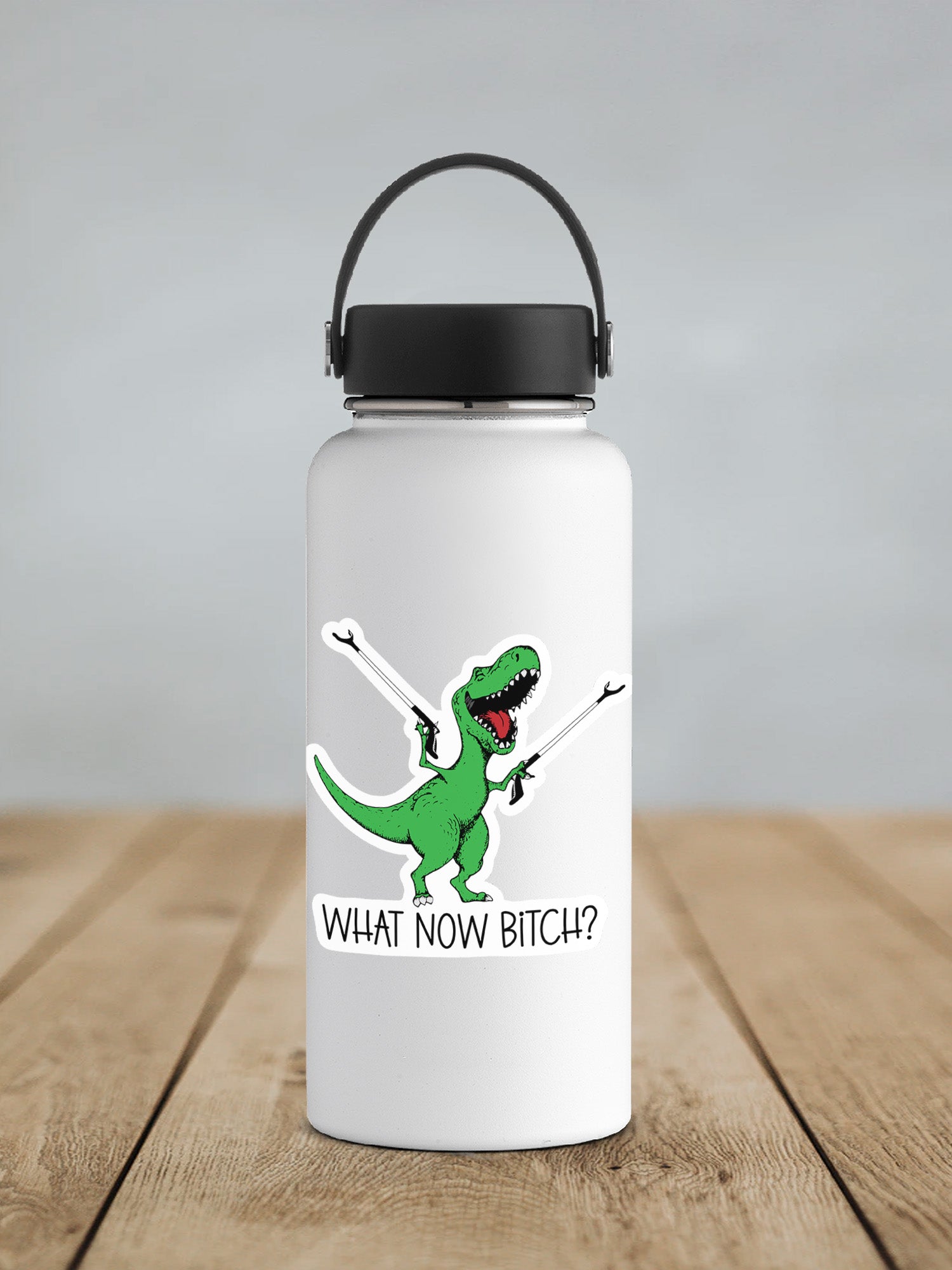 a water bottle with a picture of a dinosaur on it