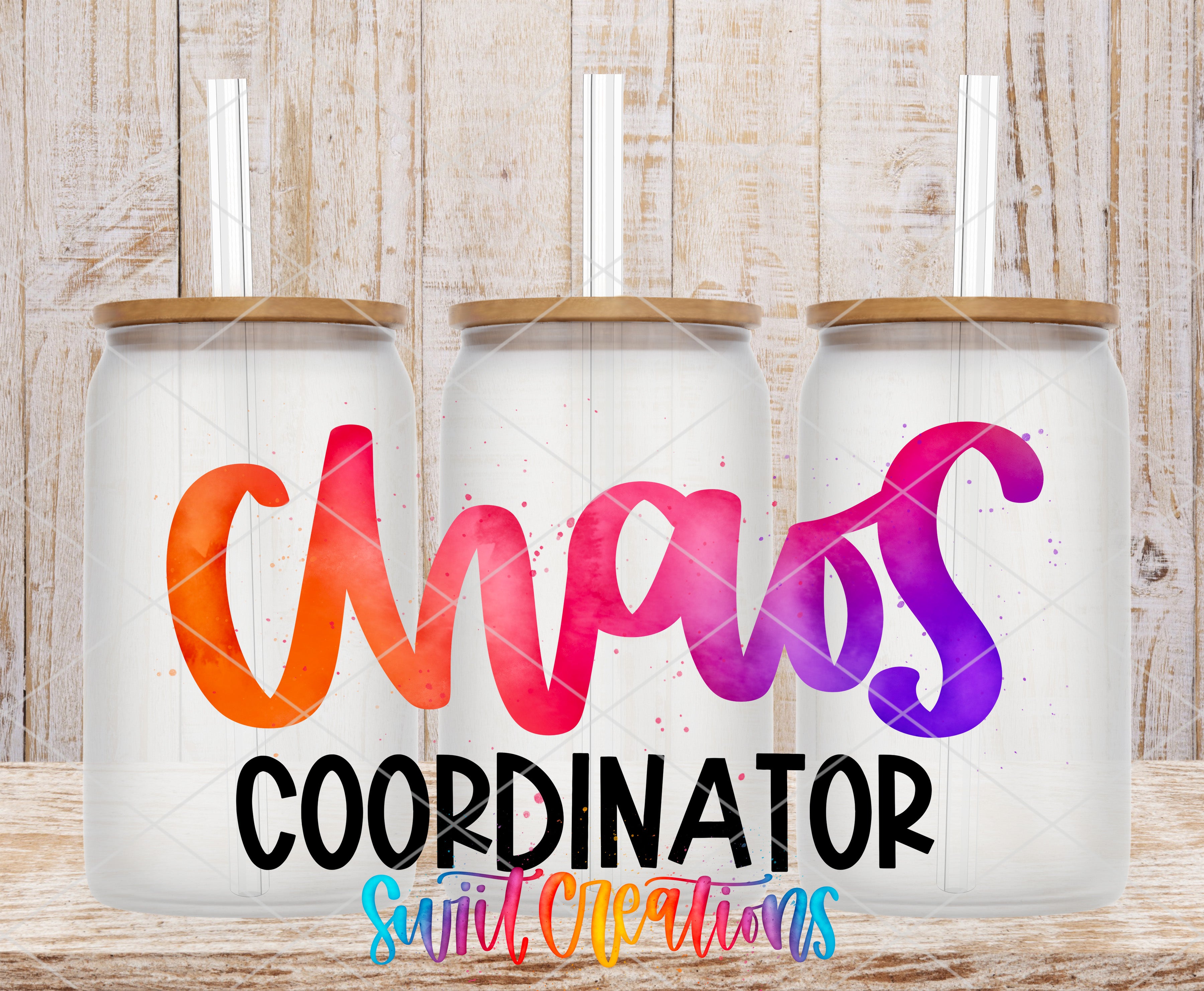 three glass jars with lids, each containing a straw, and the word "Chaos" written in a colorful, artistic style.