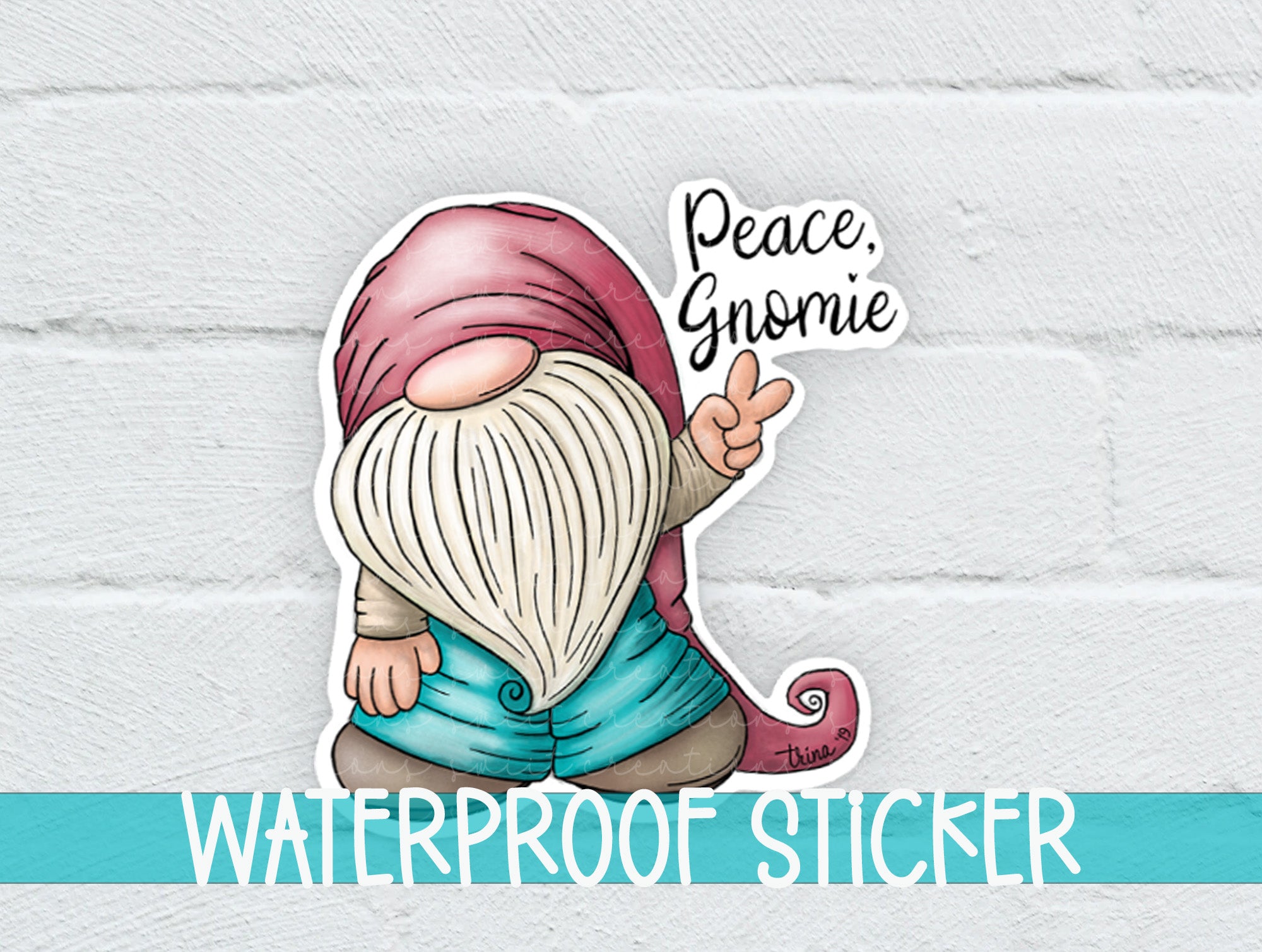 a waterproof sticker of a gnome holding a peace, gnomeie sign