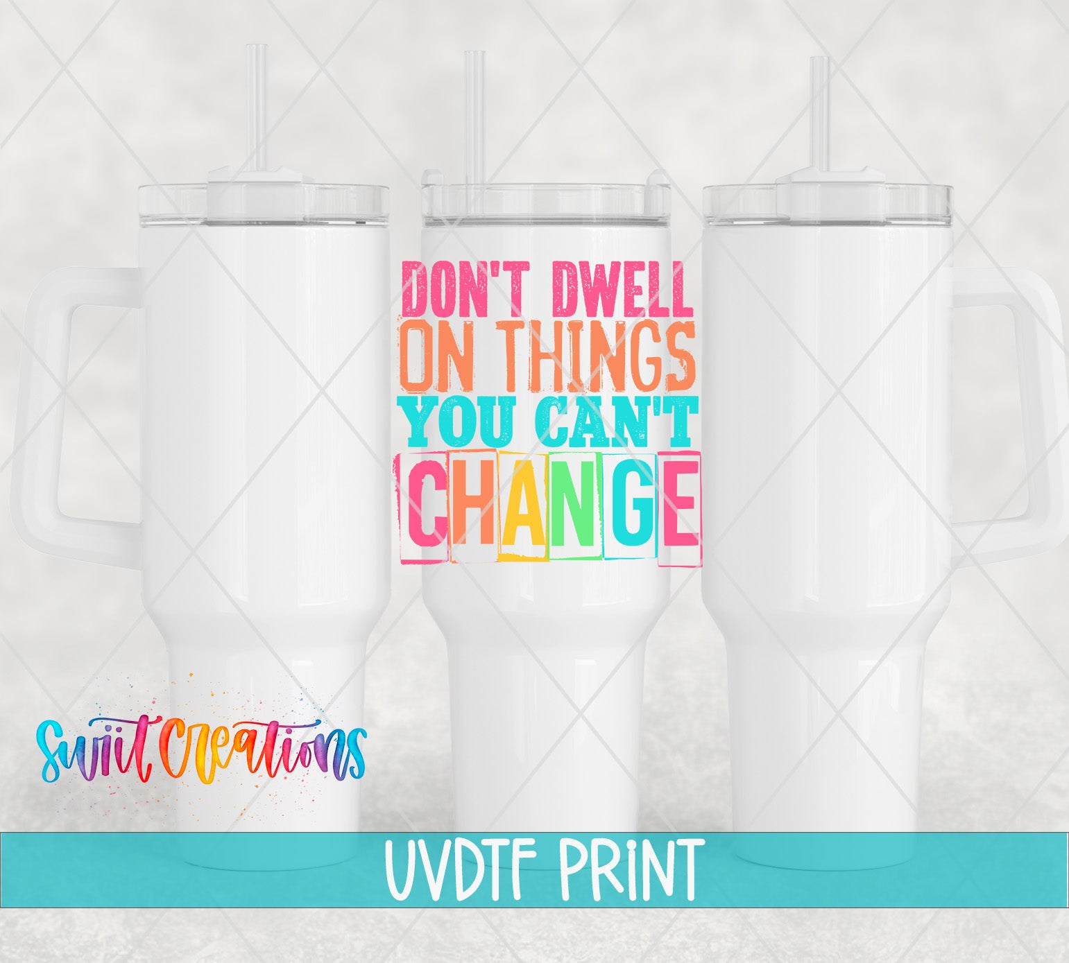 three white tumblers with colorful text printed on them.