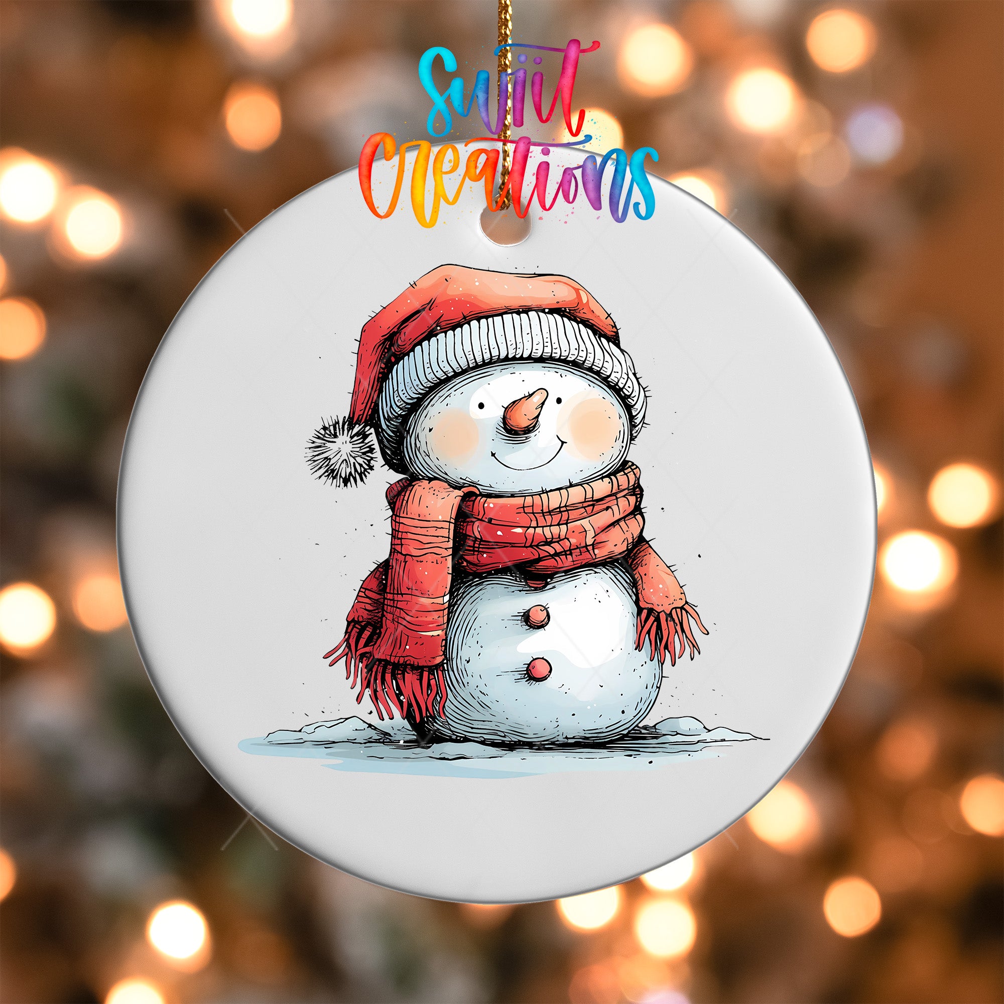 A snowman ornament with a red scarf and hat, standing on a snowy surface.