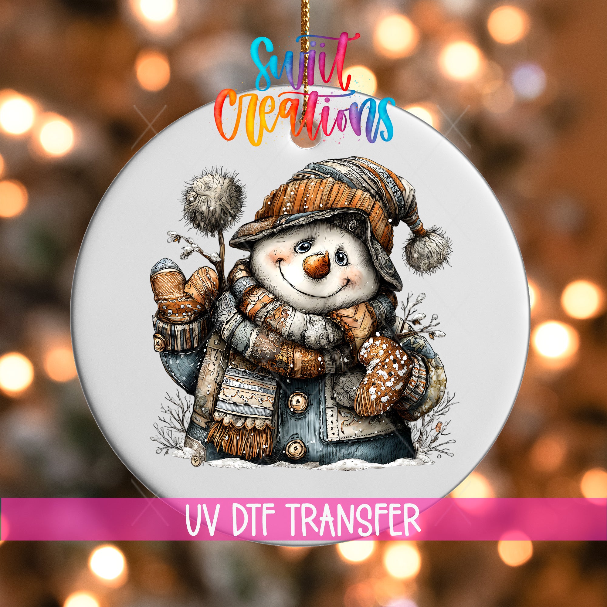 A snowman ornament with a hat, scarf, and mittens, along with a text that says "Sweet Creations" and "UV Dtf Transfer".