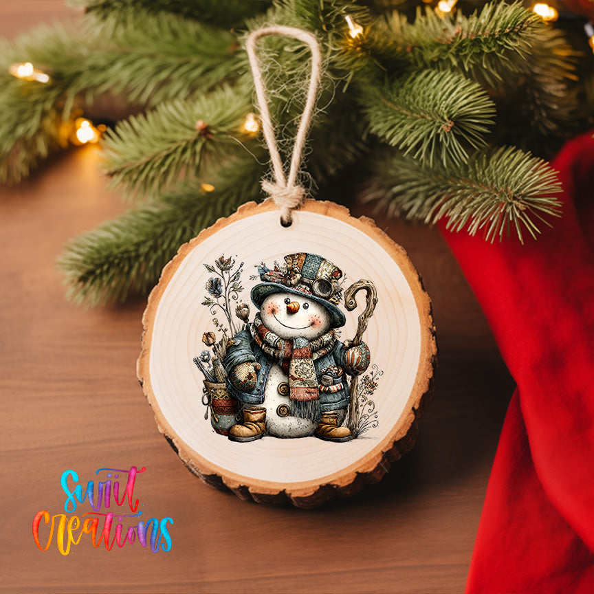 A wooden ornament featuring a smiling snowman is hanging on a Christmas tree, surrounded by pine branches and twinkling lights.