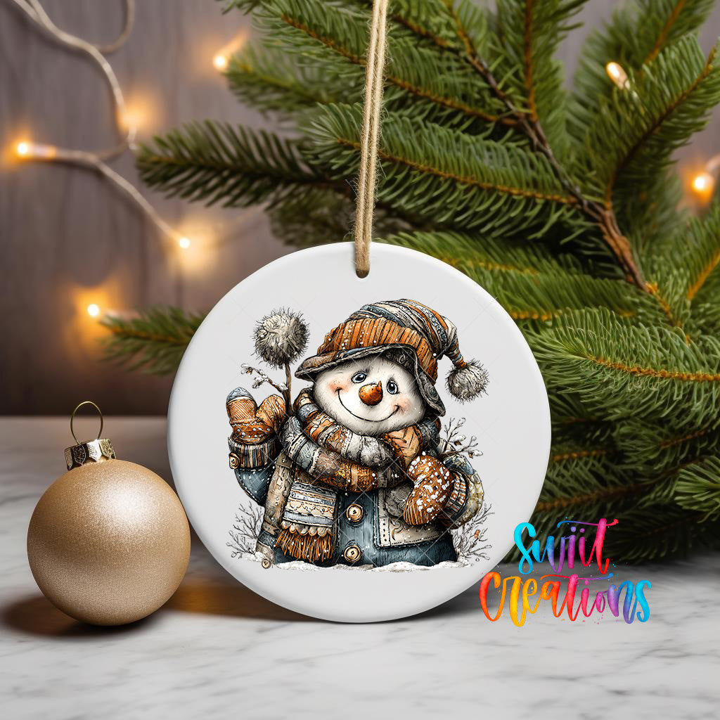A white ceramic ornament featuring a snowman is displayed on a table, with a gold ornament and a Christmas tree in the background.