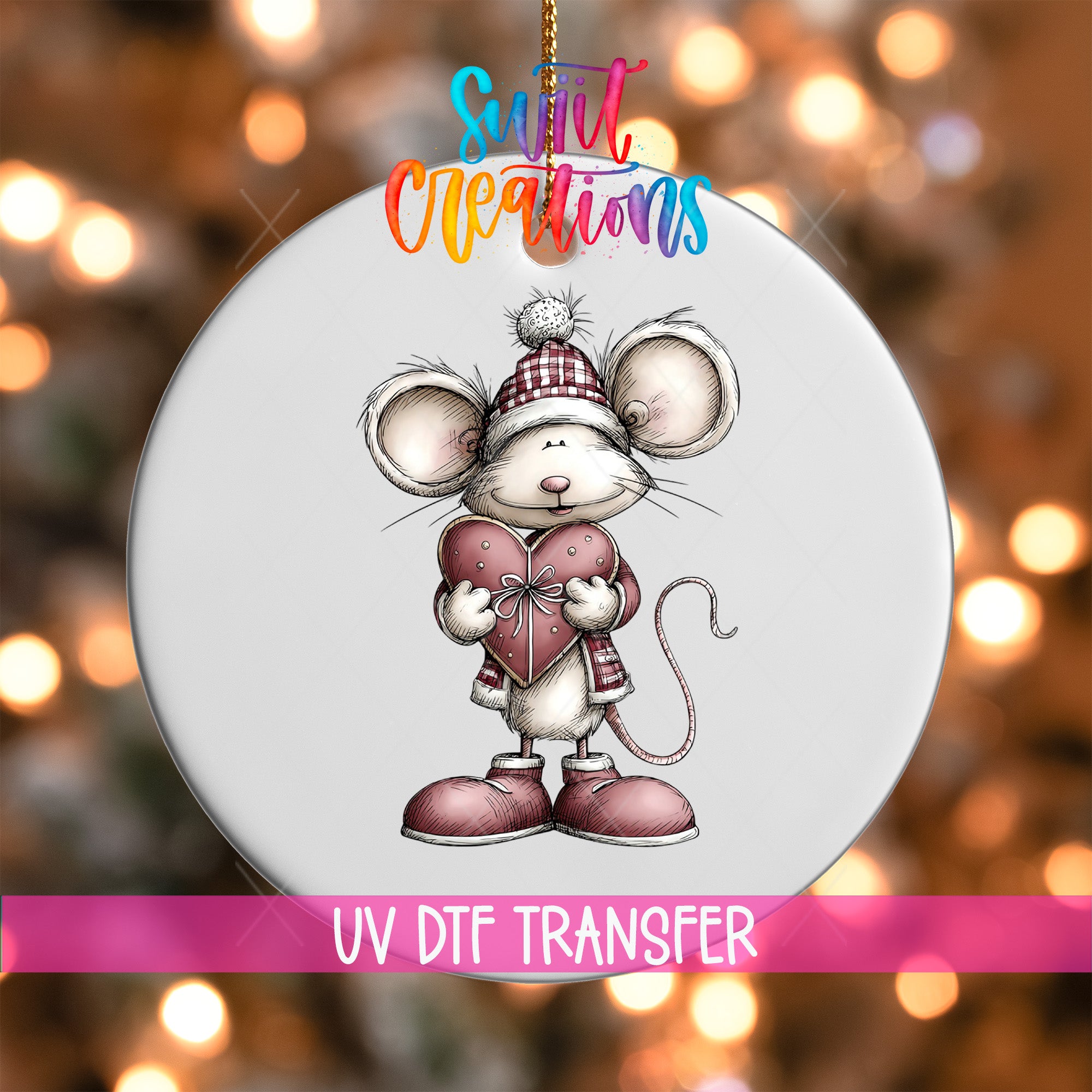 A white ornament with a cartoon mouse holding a heart and wearing a hat, set against a background of colorful lights.