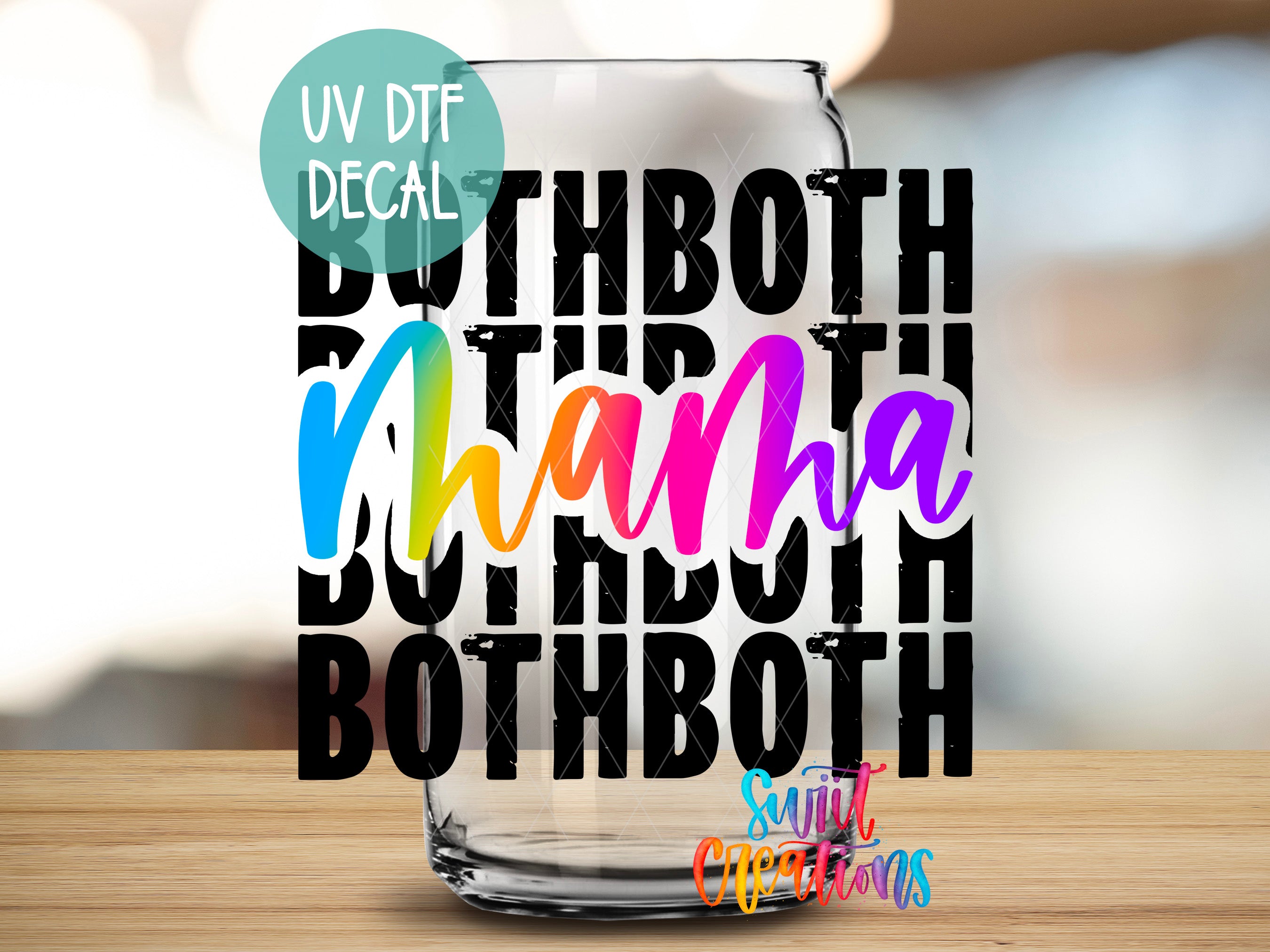 a glass with a colorful message on it