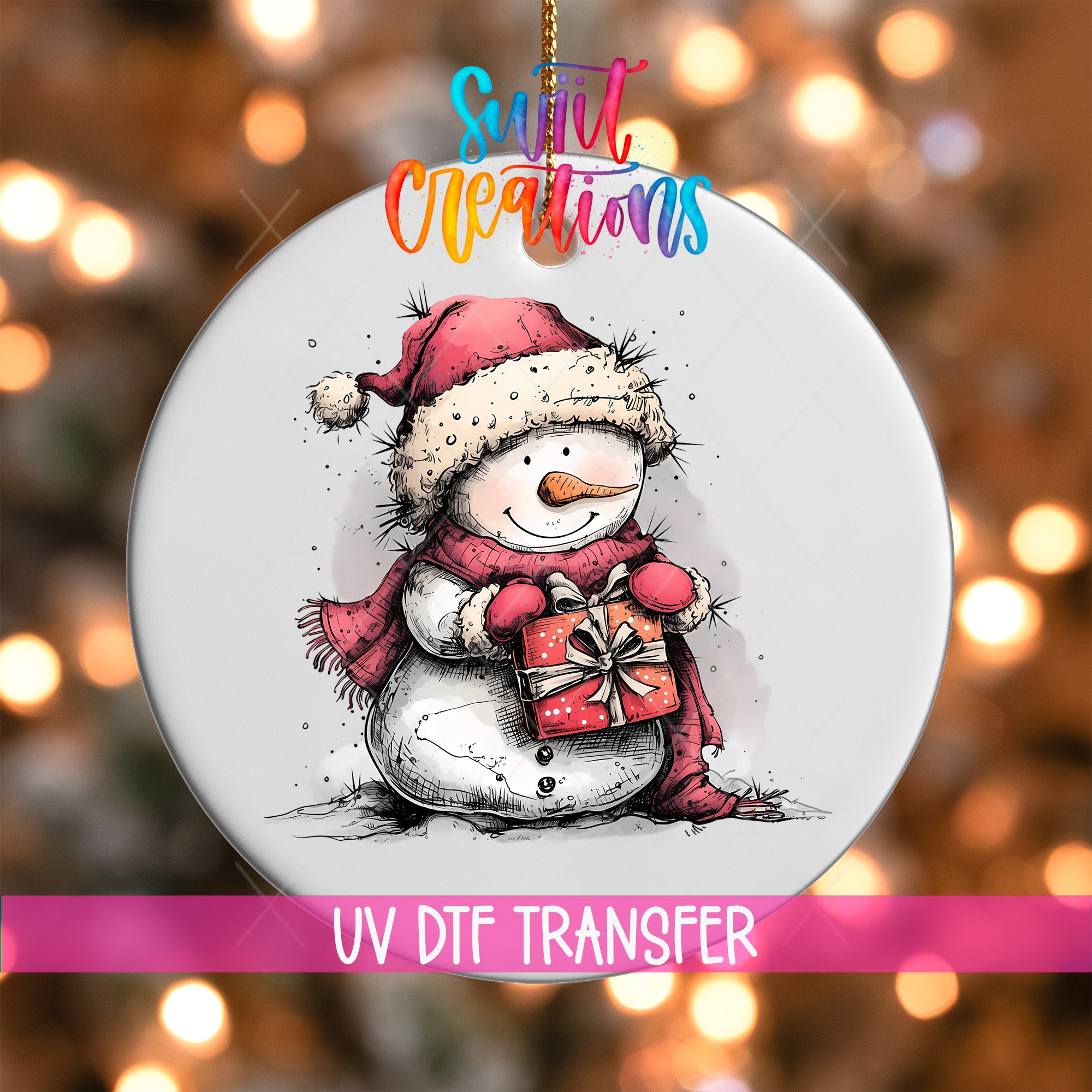 A snowman ornament with a gift in its hands, set against a background of colorful lights.