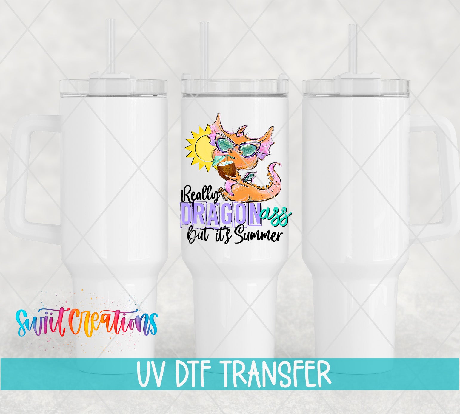 three white tumblers with a colorful dragon design on them.