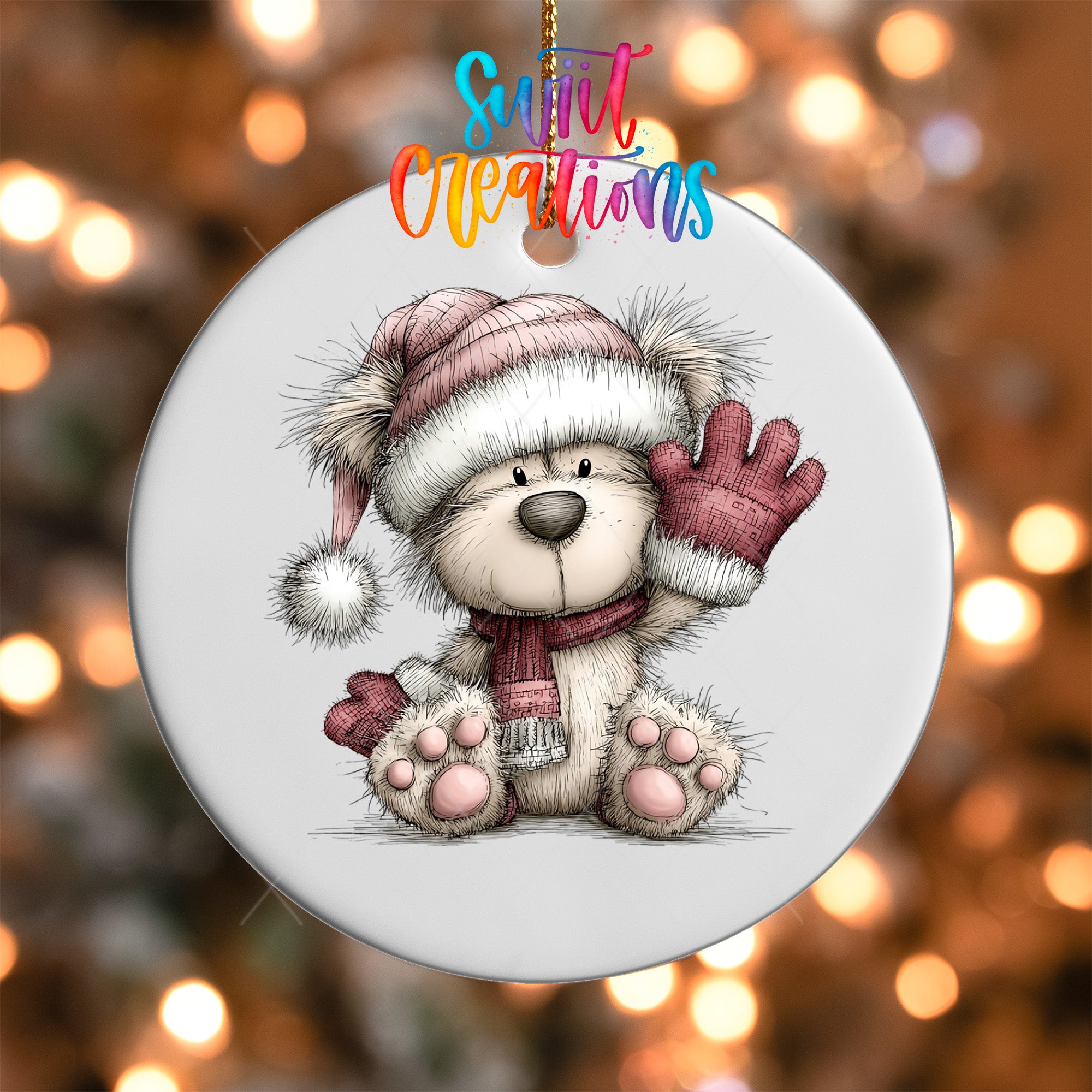 A white ceramic ornament featuring a cute teddy bear wearing a winter hat and scarf, with a waving hand.