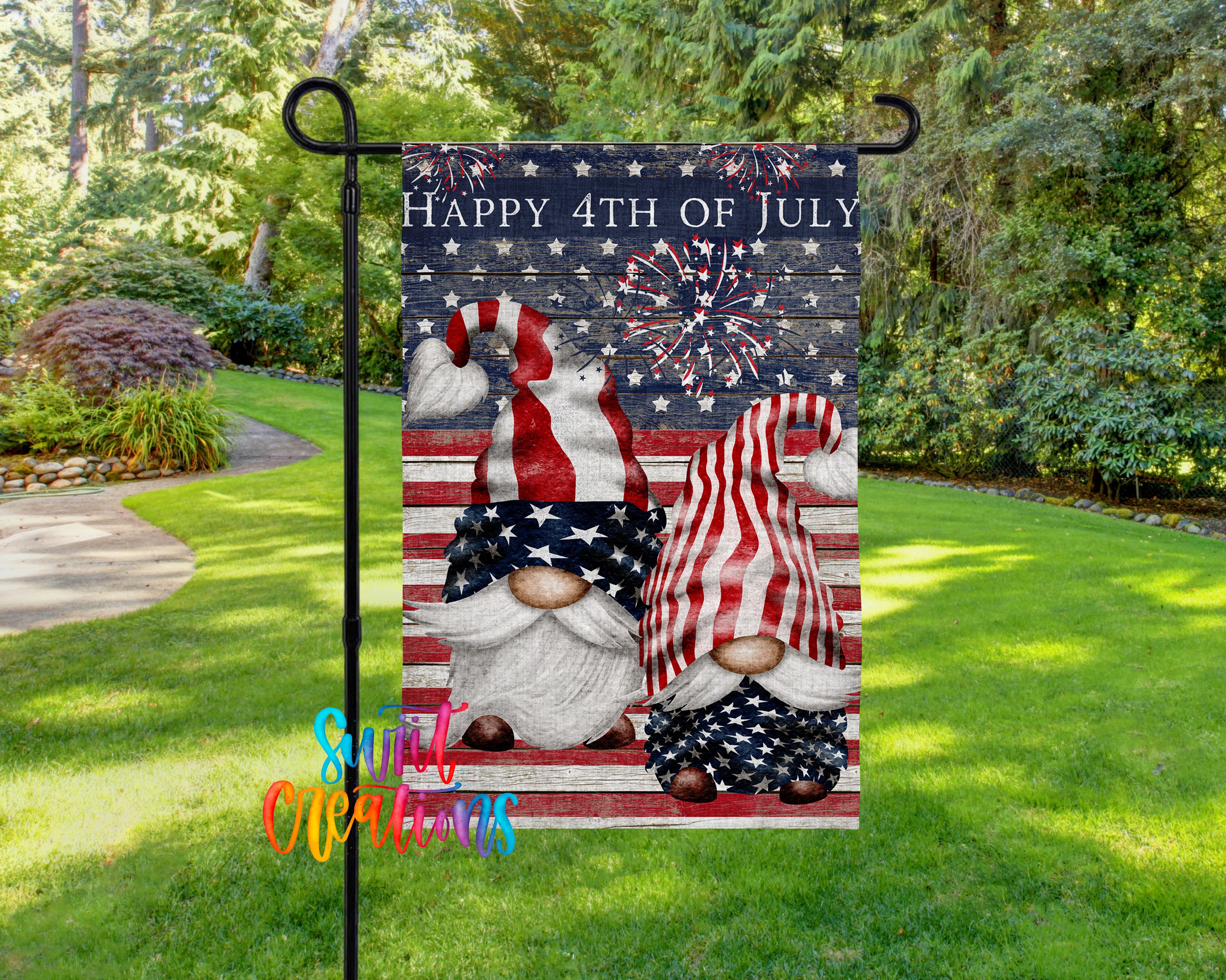 A patriotic 4th of July banner featuring two gnomes wearing American flags, with a fireworks display in the background.