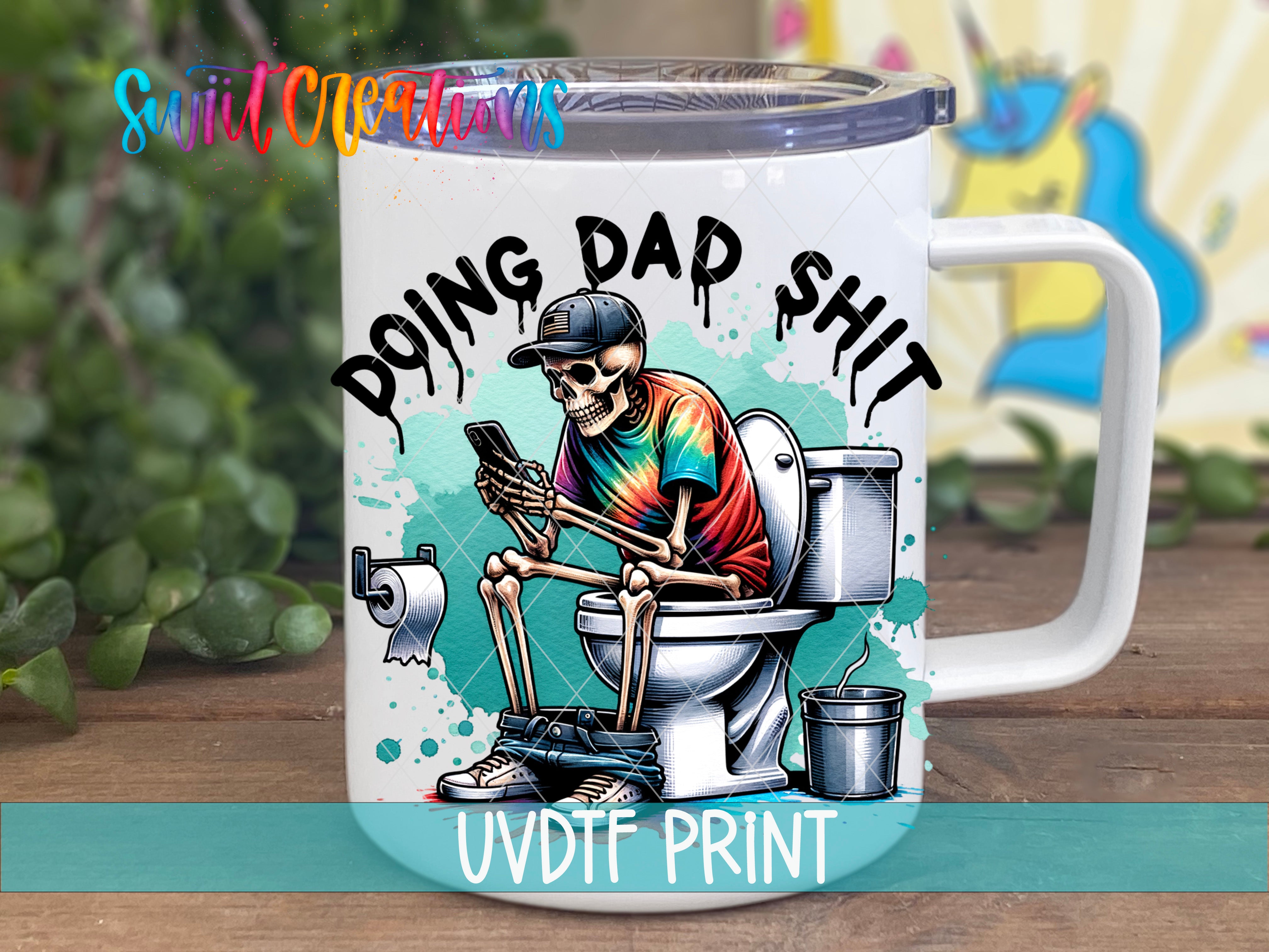 A mug with a cartoon image of a skeleton sitting on a toilet and using a cell phone.