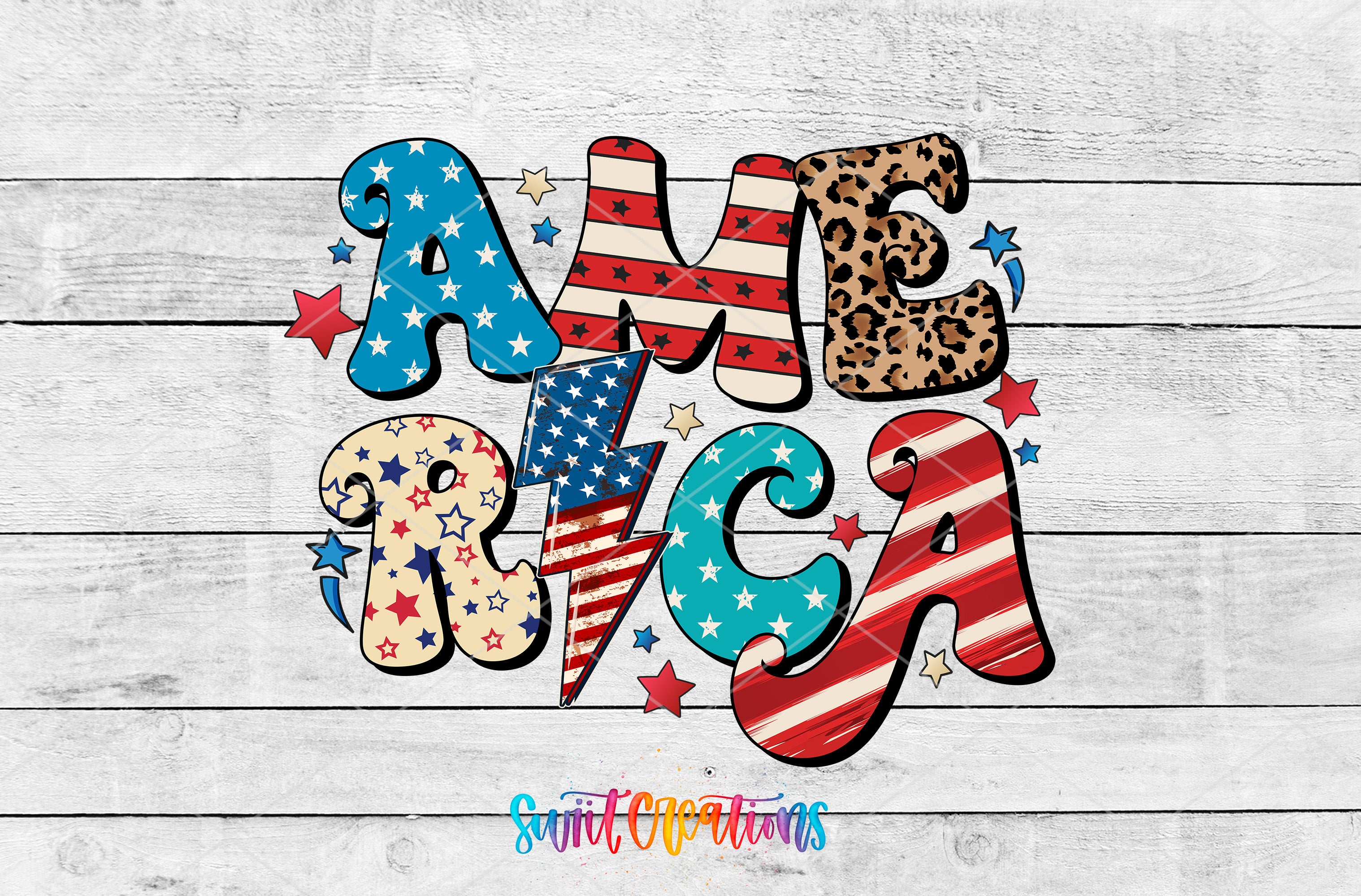 The image is a collage of various patriotic symbols and text, including stars, stripes, and the word "america", all set against a white wooden background.