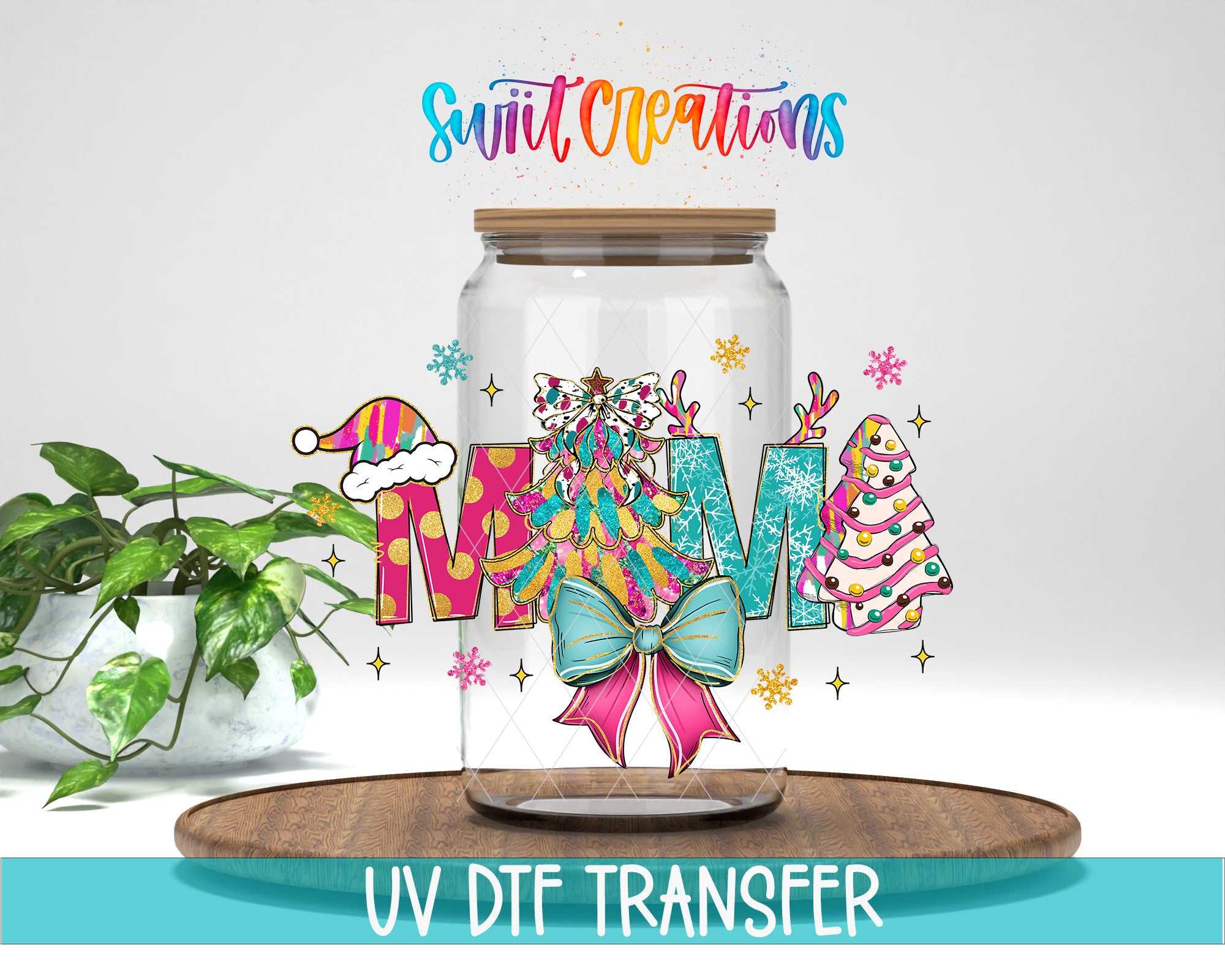 A glass jar with a colorful, festive design featuring Christmas trees, snowflakes, and a bow, along with the text "Swift Creations" and "UV DFT Transfer".