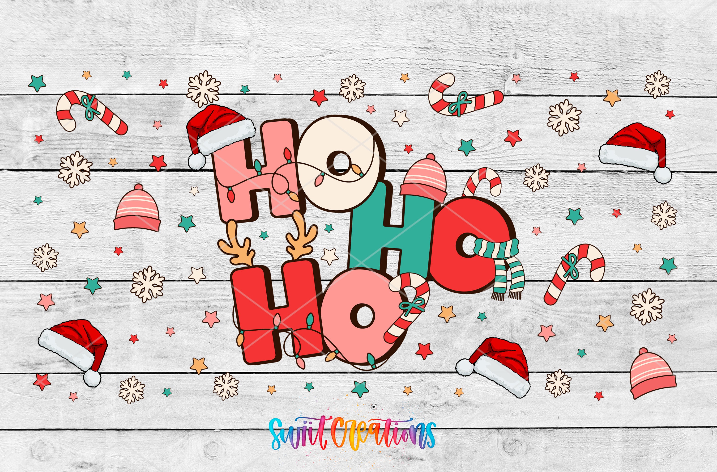 A festive collage with various Christmas-themed elements, including a large "H" surrounded by smaller letters, candy canes, snowflakes, and other holiday decorations.