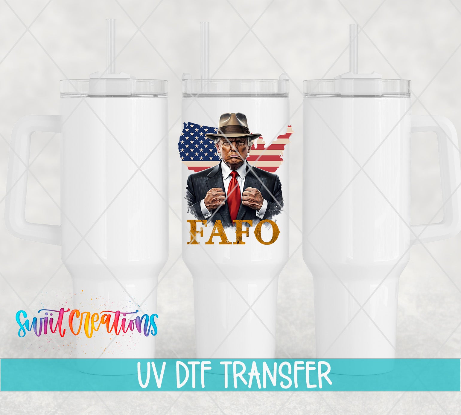 a white mug with a printed design of a man wearing a suit and tie, along with the text "FAFO" and the UV DFT Transfer logo.