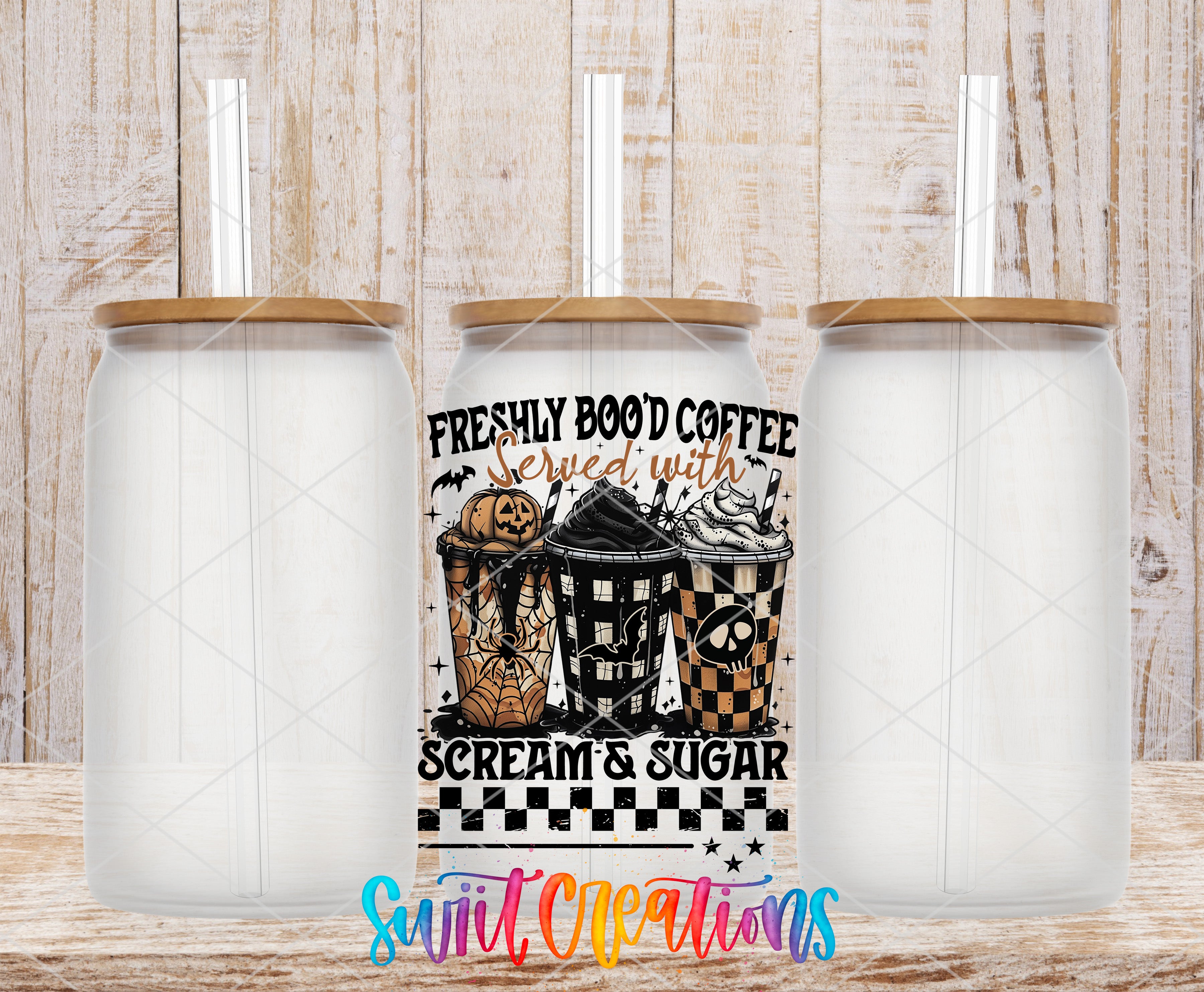 three clear glass jars with lids, each containing a beverage with a Halloween-themed design. The beverage containers are arranged in a row, with the middle one having a label that reads "FRESHLY GOOD COFFEE Served with SLEEPY & SUGAR".