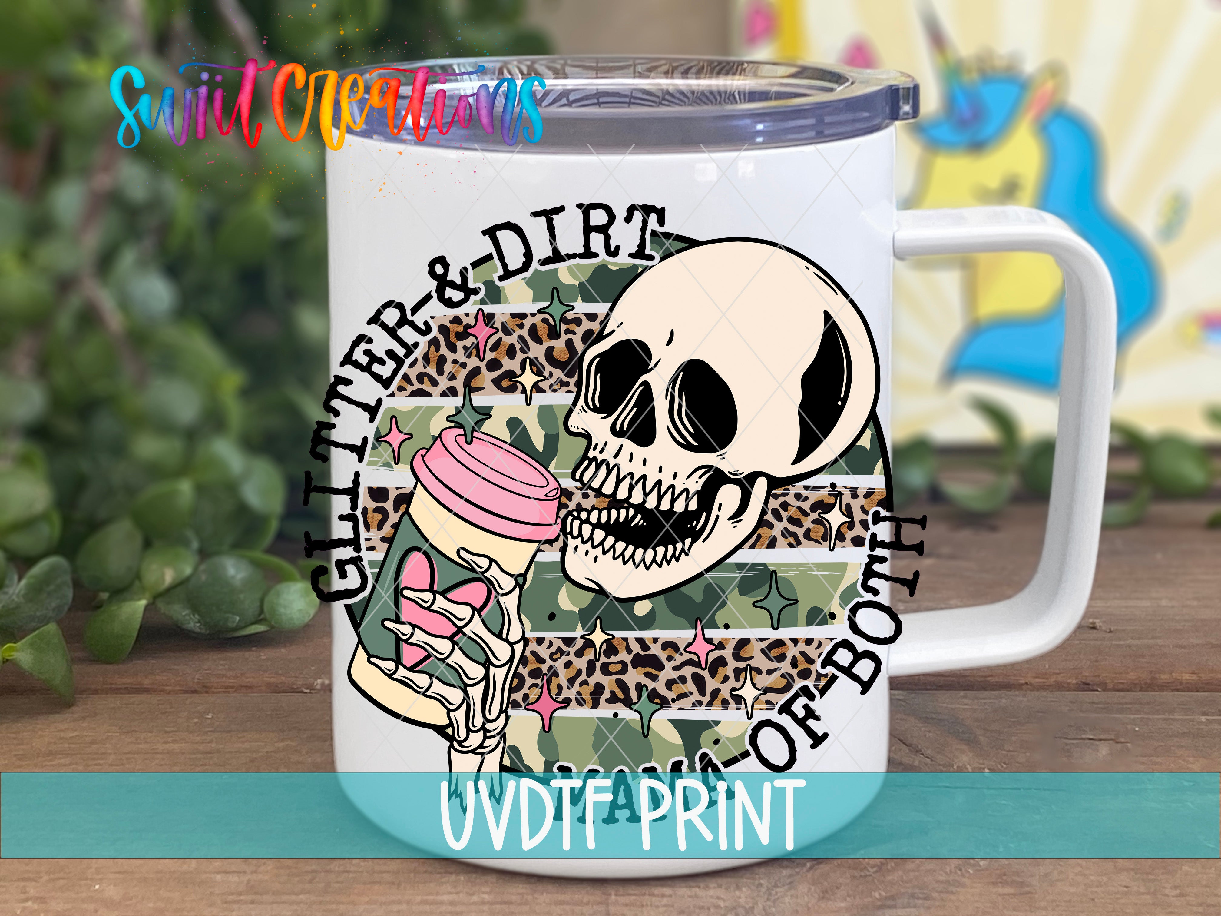 A white mug with a skull and leopard print design, along with the text "GITTER & DIR" and "OF BOTH" printed on it.