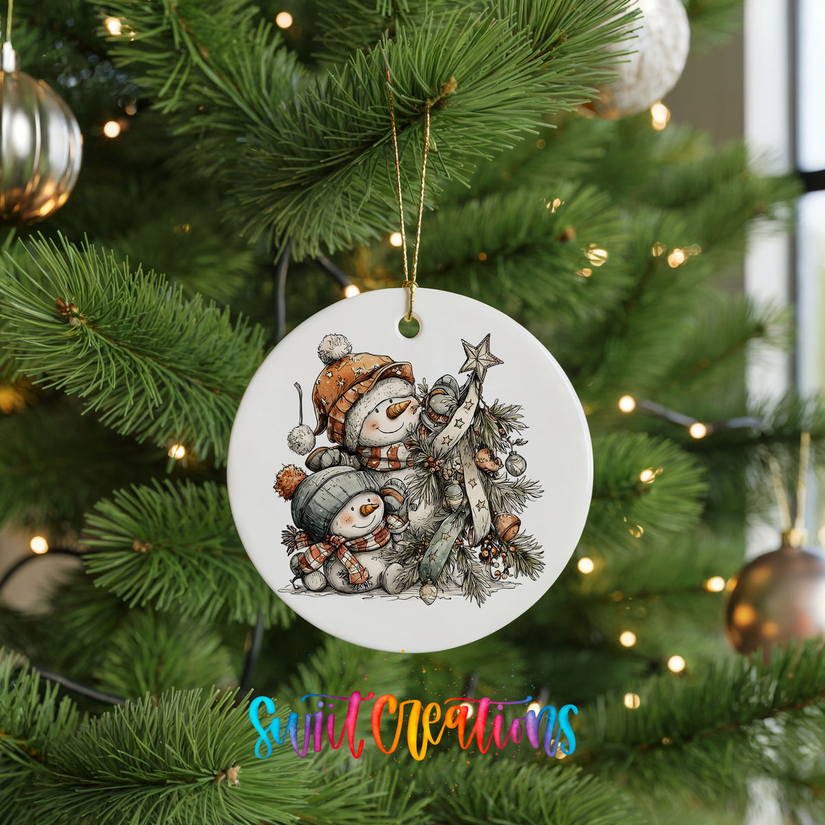 A white ceramic ornament with a snowman and star on a Christmas tree, surrounded by other ornaments and lights.
