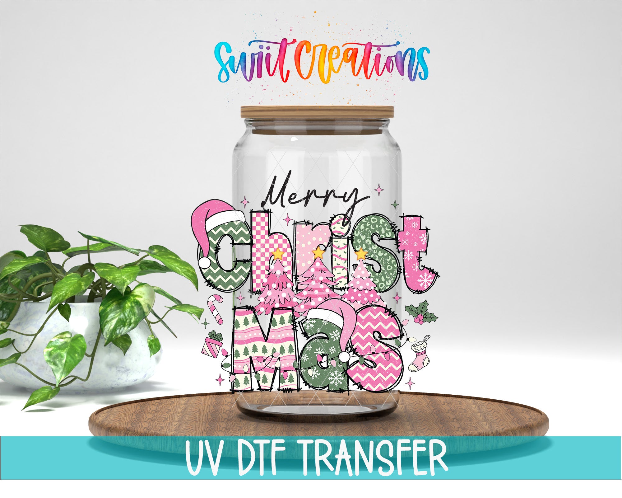 A glass jar with a wooden lid, decorated with colorful text and illustrations, placed on a wooden surface.