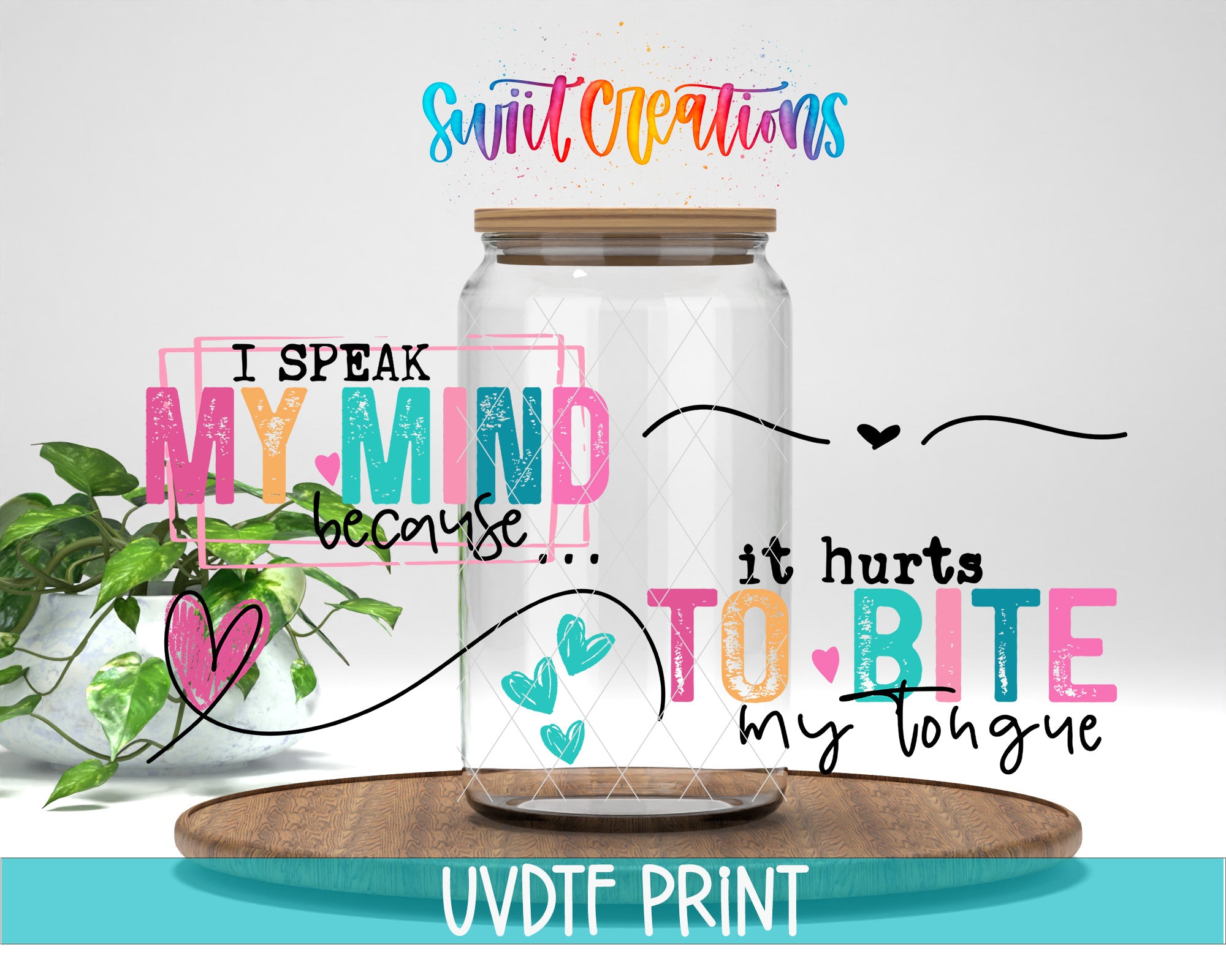 a clear glass jar with a wooden lid, surrounded by colorful text and a plant.