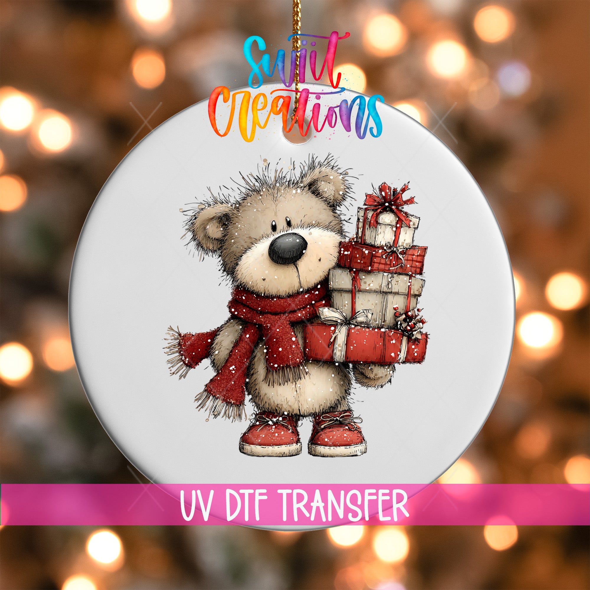 A white ornament with a cartoon bear holding a stack of red gift boxes, with a colorful background and text overlay.