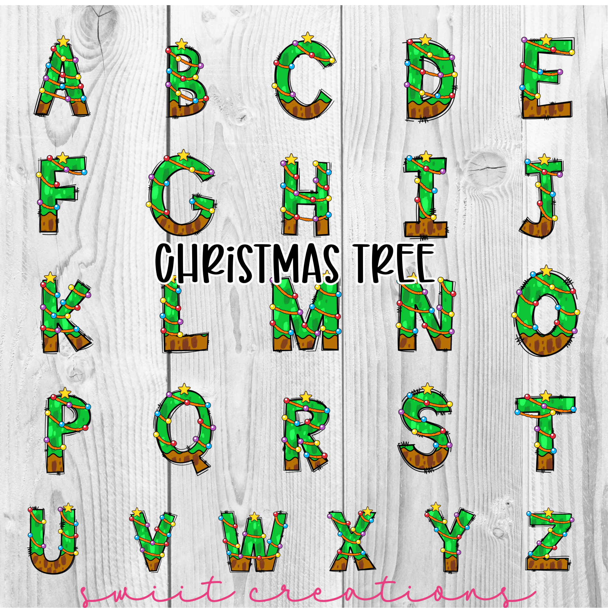 a christmas tree font and numbers cut out of wood