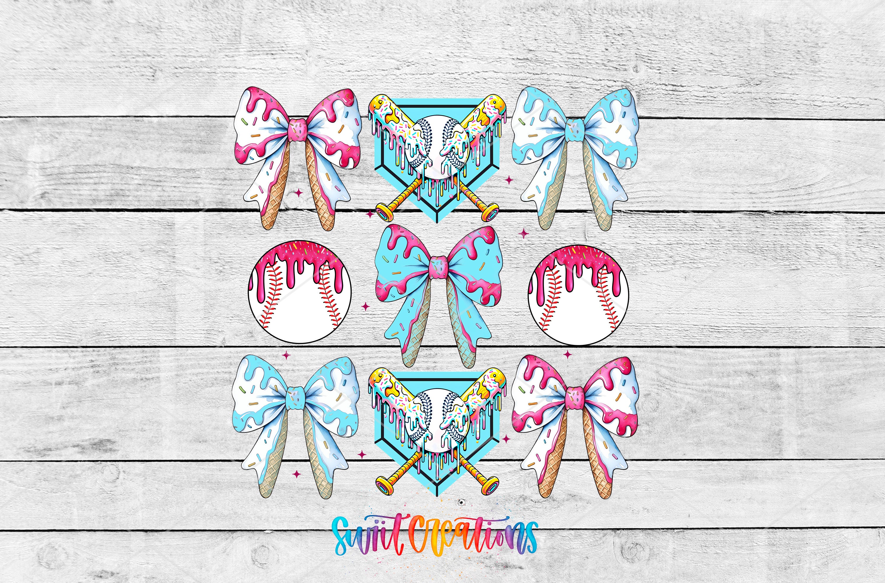 A collage of colorful illustrations featuring baseball bats, baseballs, and bows, all set against a white wooden background.