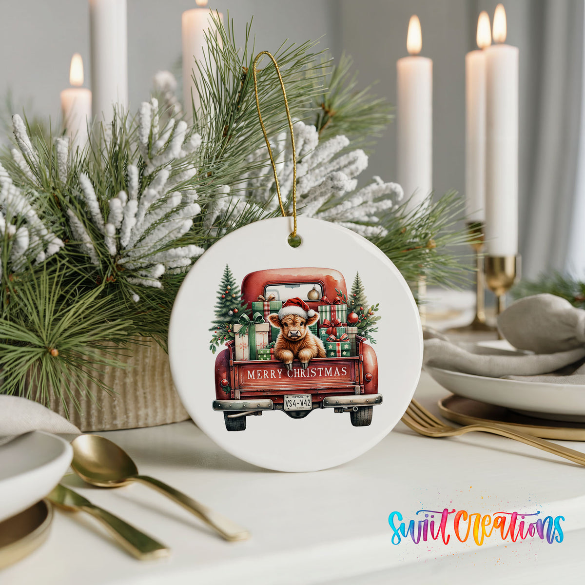 A white ceramic ornament featuring a red truck with a dog in the bed, surrounded by Christmas decorations and greenery.