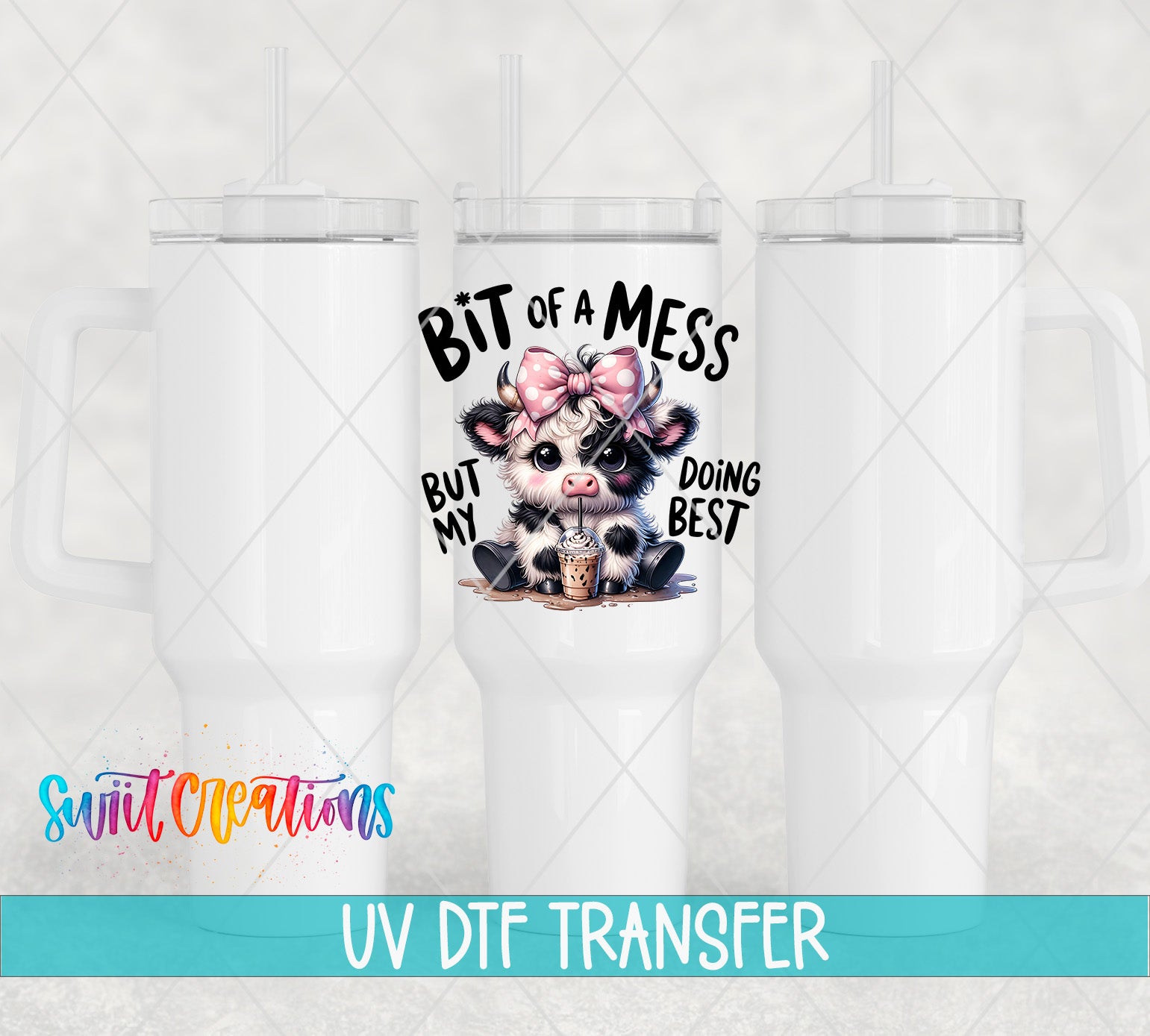 a white ceramic mug with a printed design on it, including a cow and the text "BIT OF A MESS BUT MY DOING BEST".