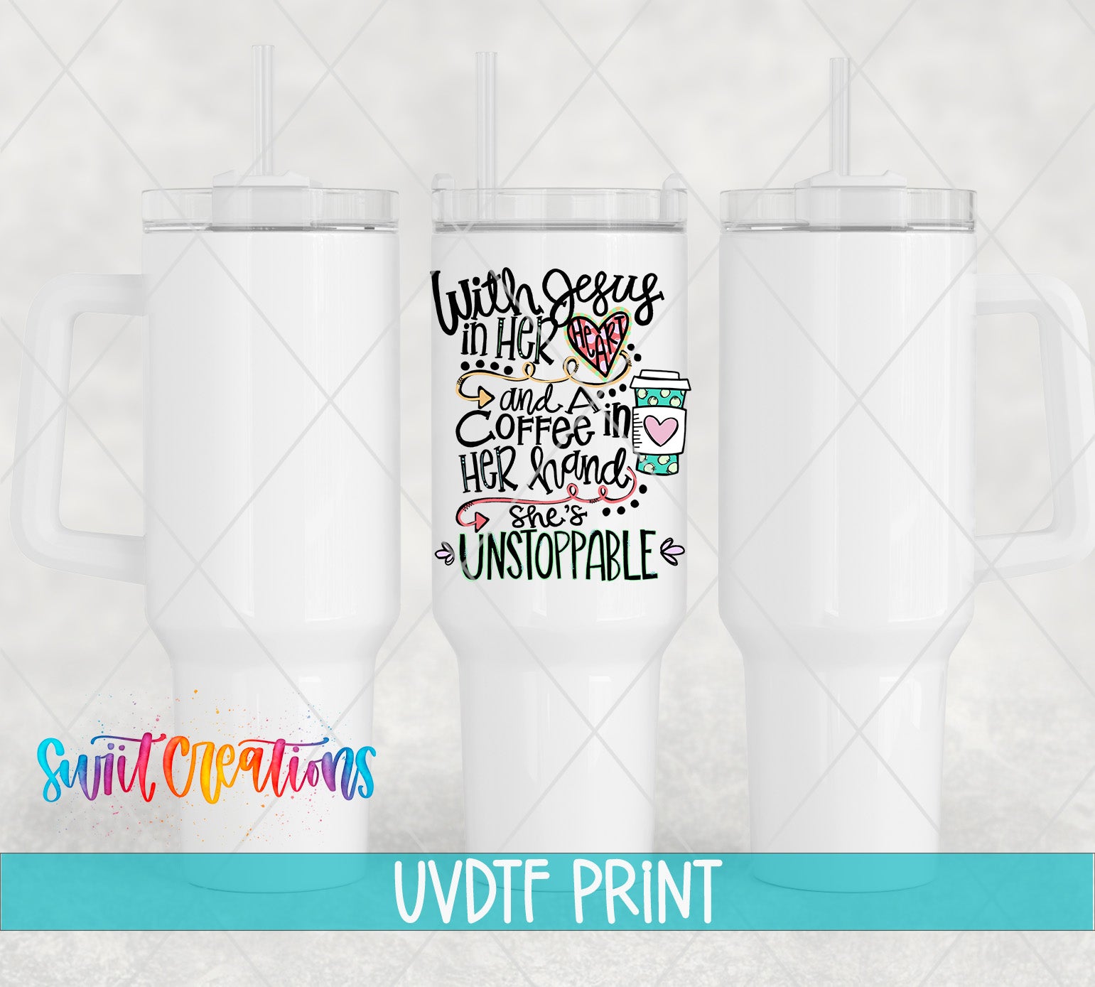 a white tumbler with a printed design on it, along with a watermark that says "UVDF PRINT" at the bottom.